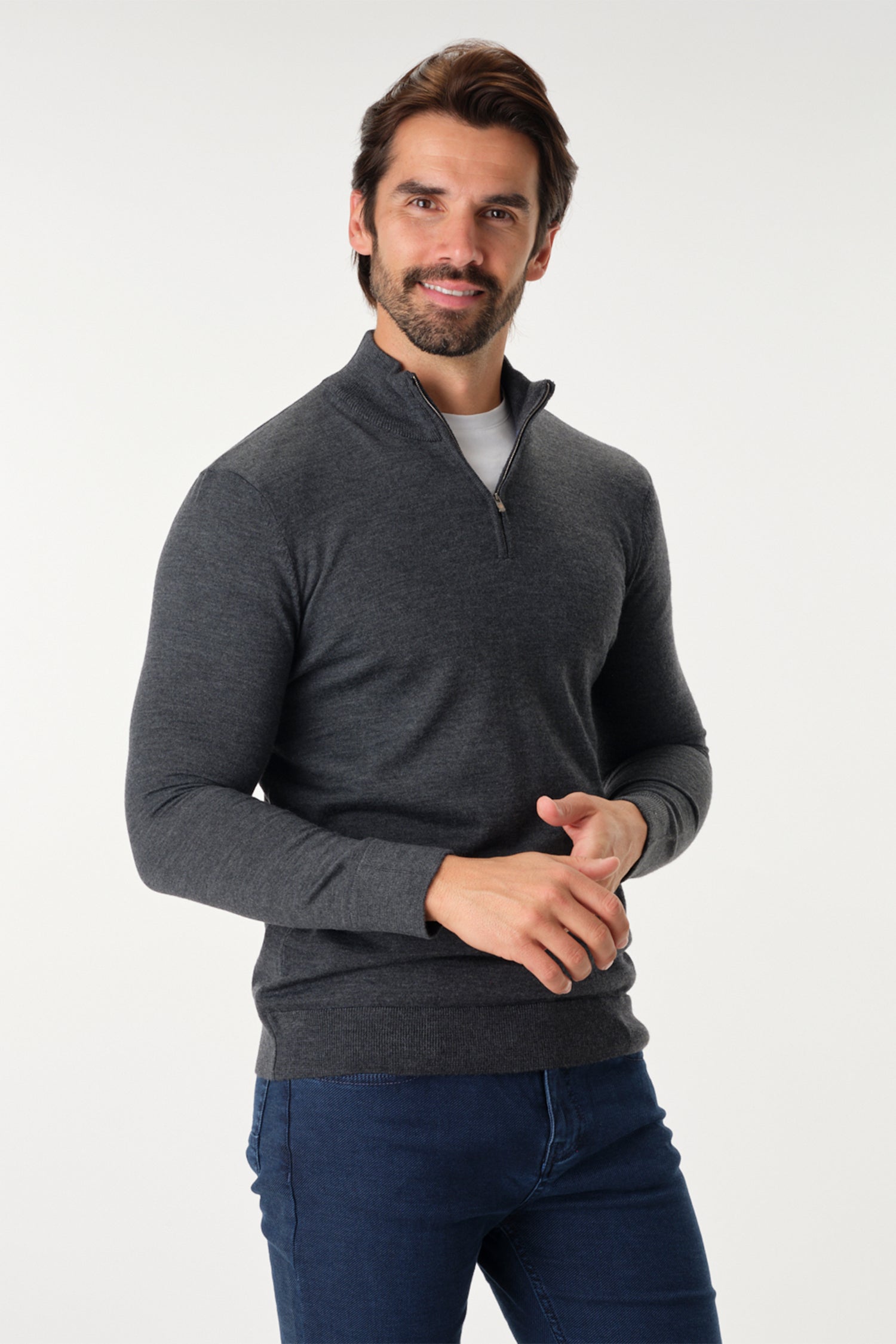 Merino Wool Solid Quarter Zip Sweater