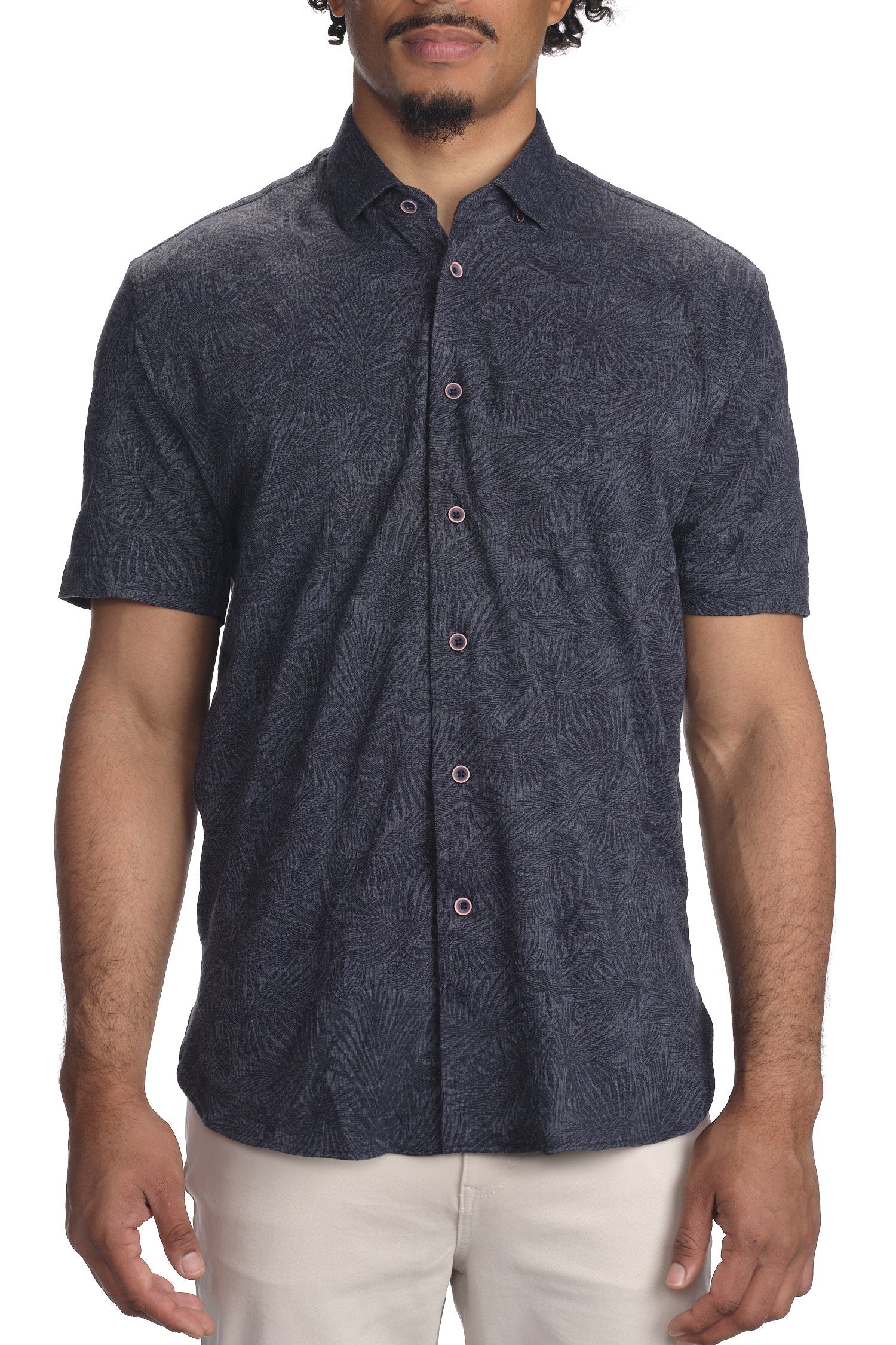 Garnet Men's Knitted Printed Palm Short Sleeve Shirt 2311058 Navy
