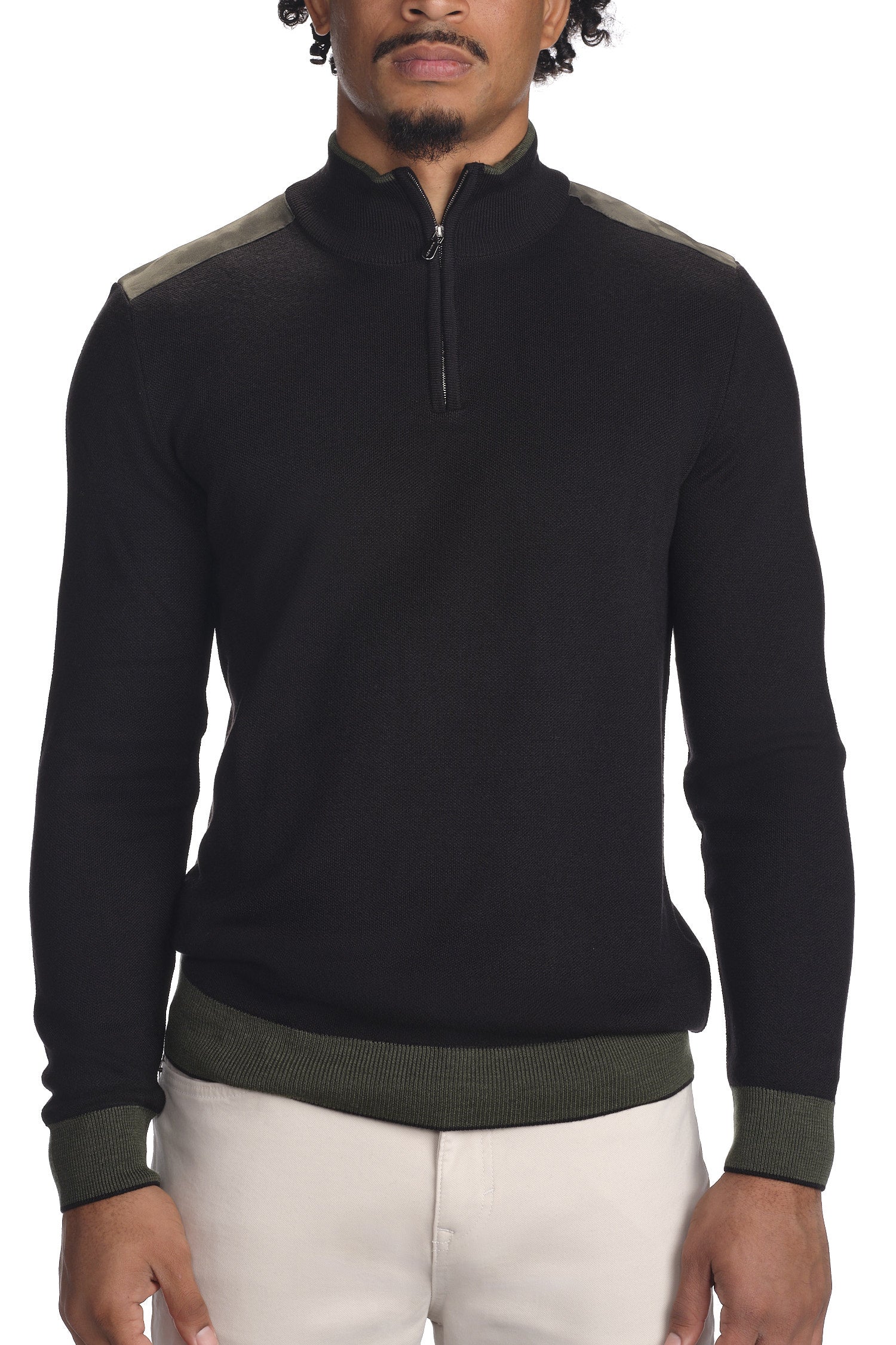 Garnet Men's Suede Shoulder Quarter Zip long Sleeve Sweater 2322010 Black