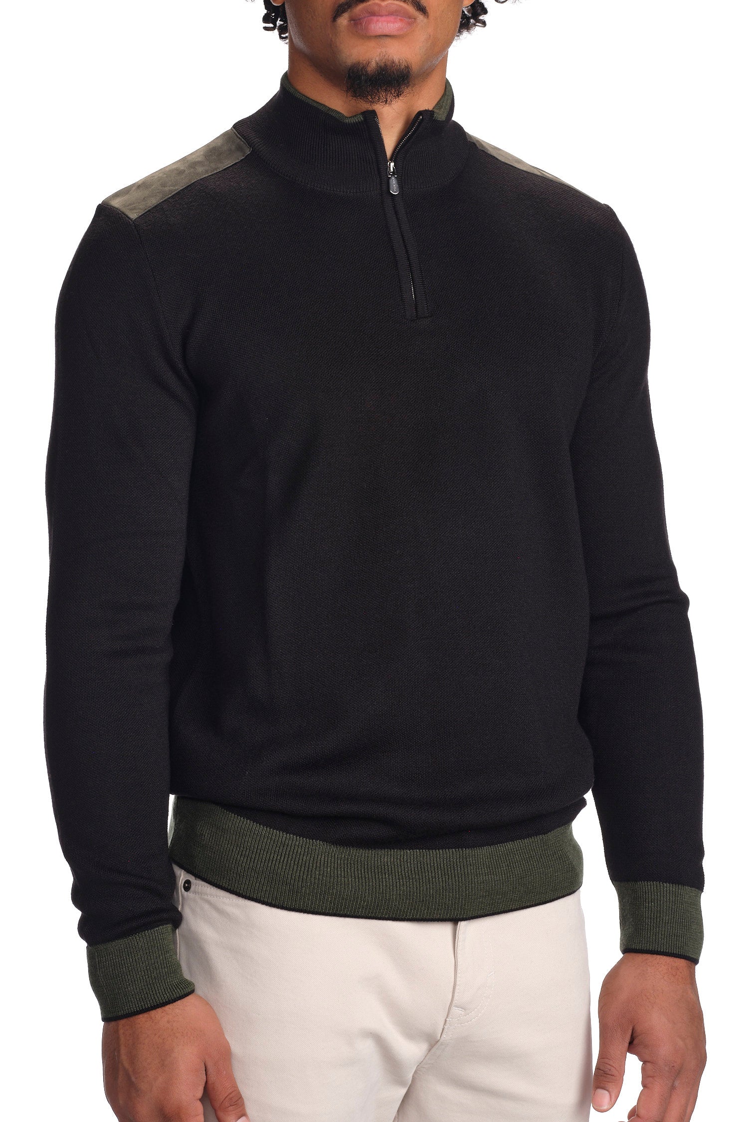 Garnet Men's Suede Shoulder Quarter Zip long Sleeve Sweater 2322010 Black
