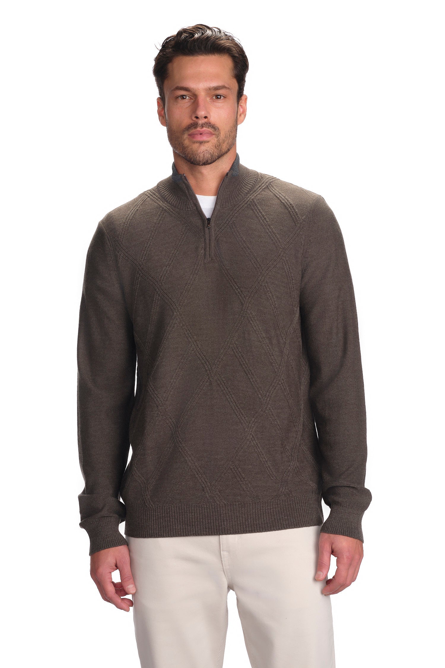 Garnet Men's Jacquard Merino Wool Quarter Zip Sweater 2422005 Brown