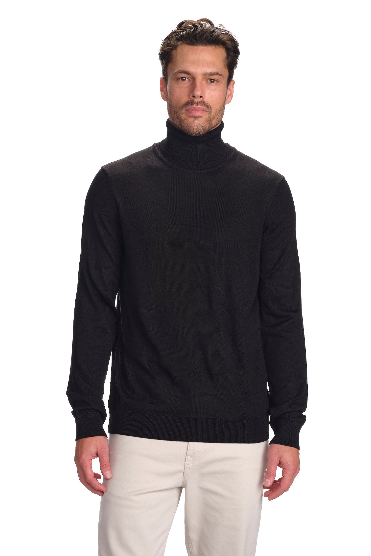 Garnet Men's Merino Wool Solid Turtle Neck Long Sleeve Sweater BTK 7003 Black