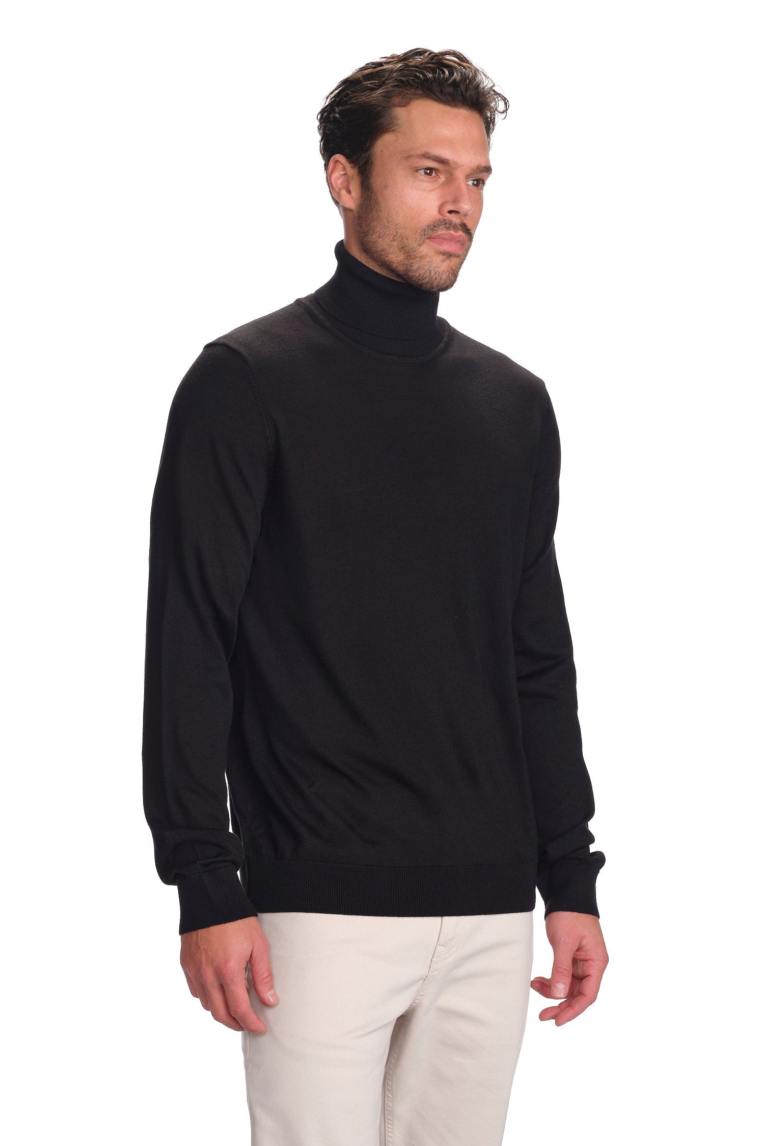 Garnet Men's Merino Wool Solid Turtle Neck Long Sleeve Sweater BTK 7003 Black