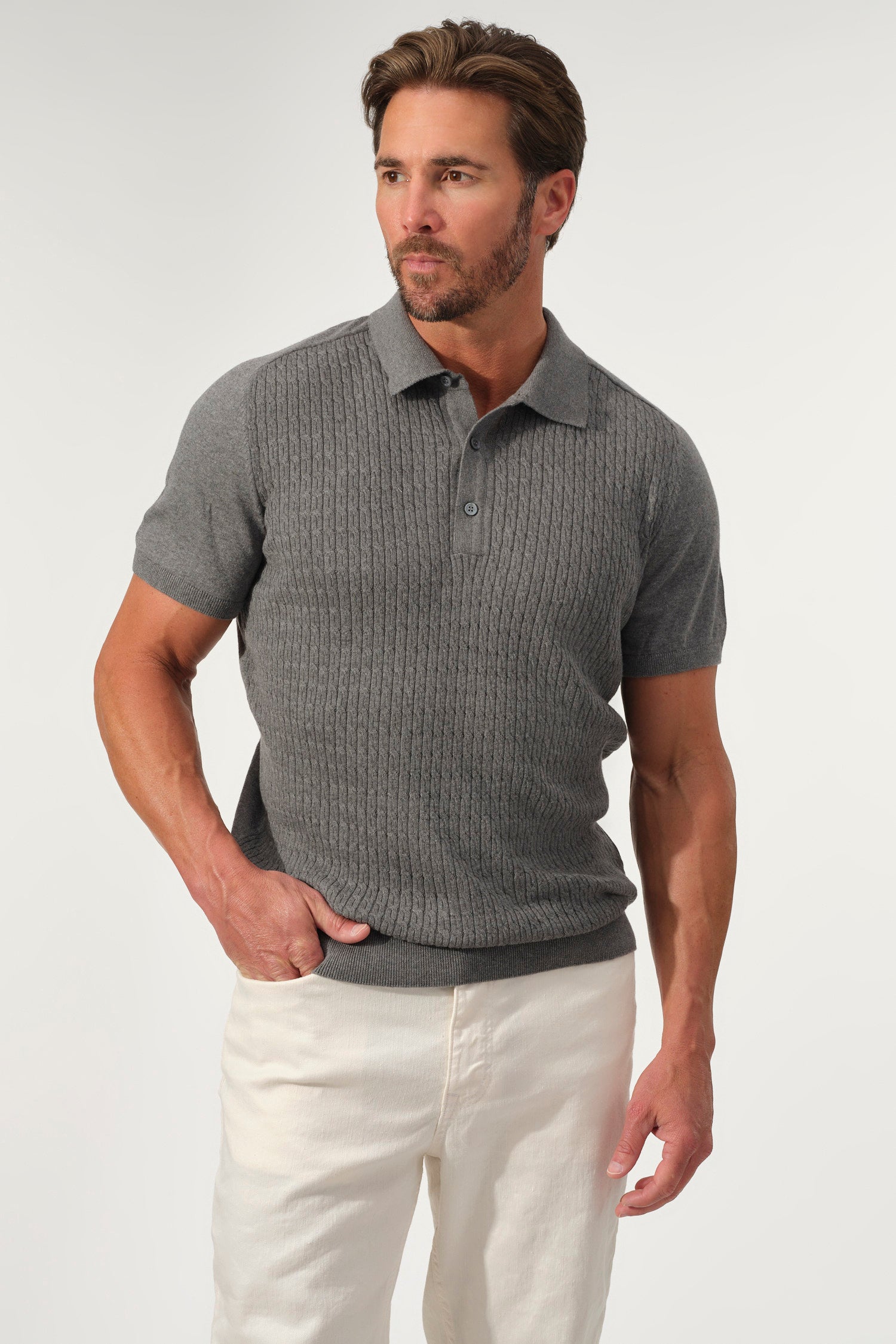 Textured Knit Polo Sweater