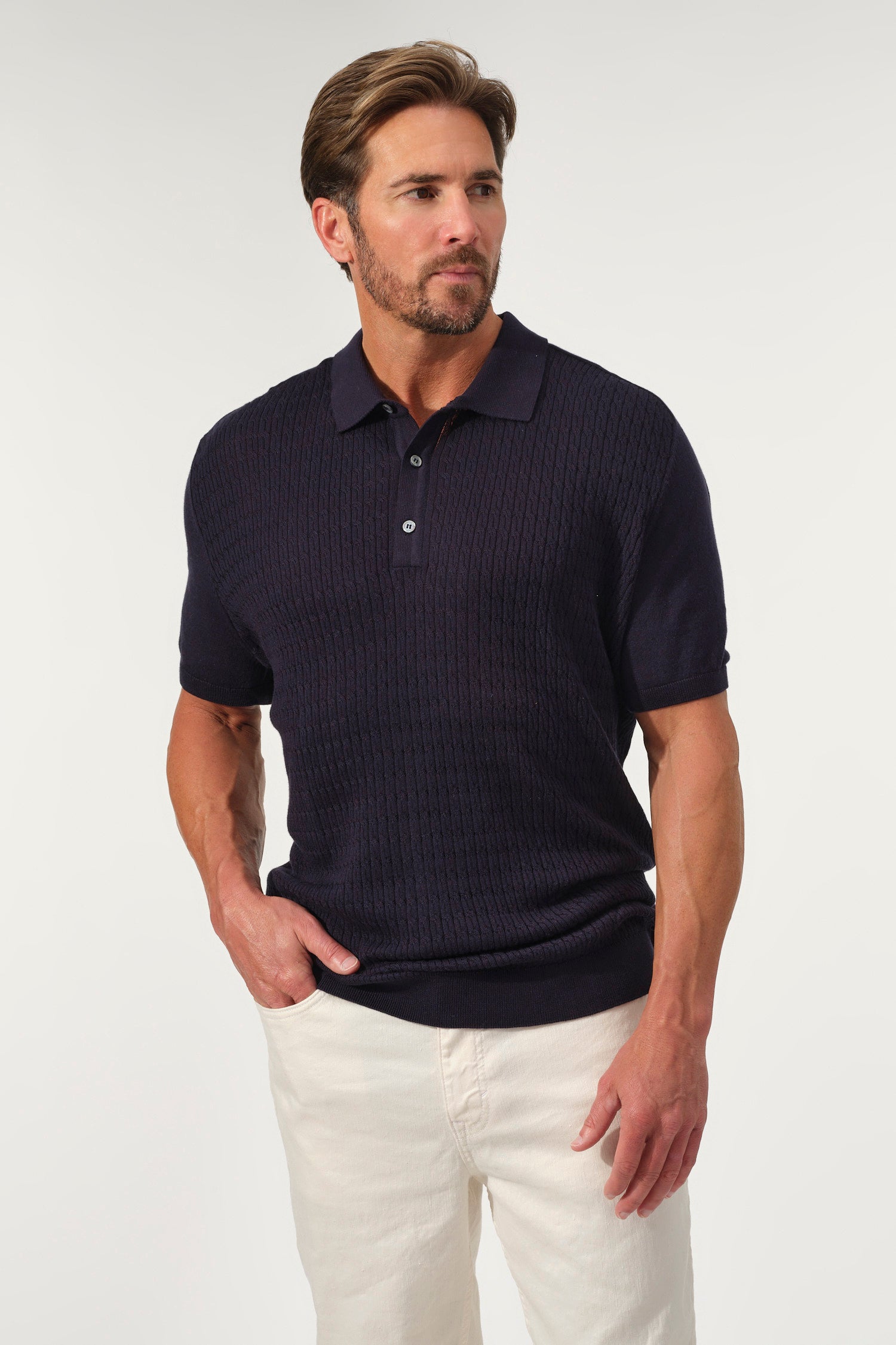 Textured Knit Polo Sweater