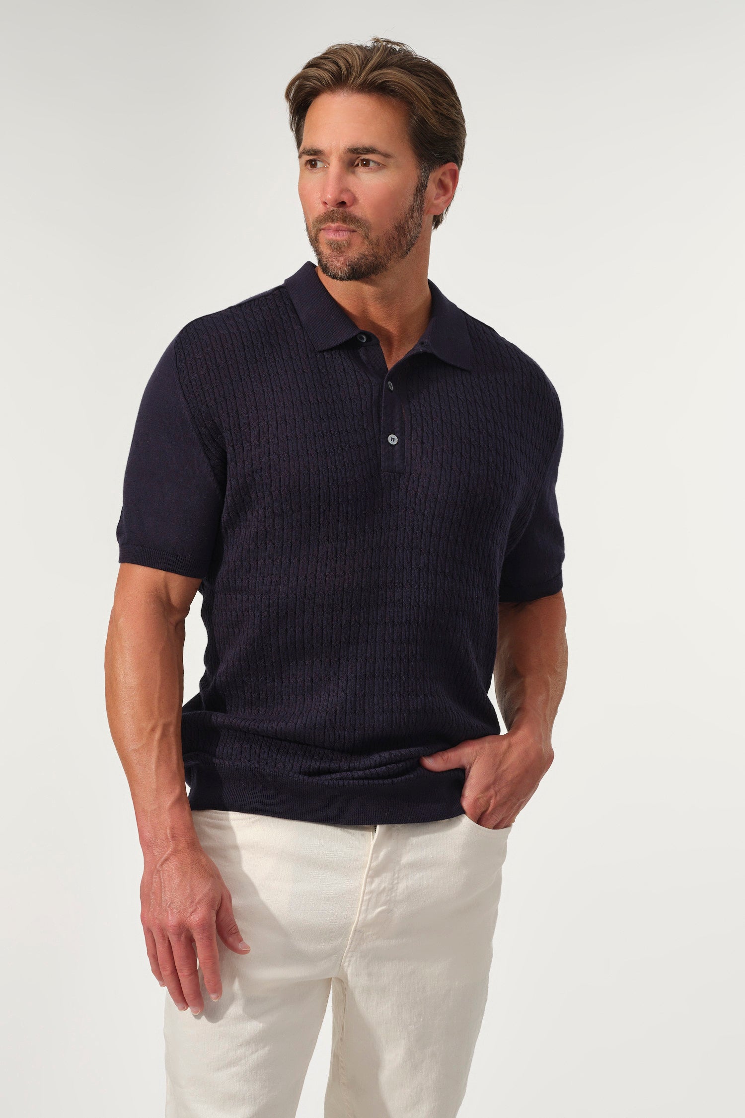 Textured Knit Polo Sweater