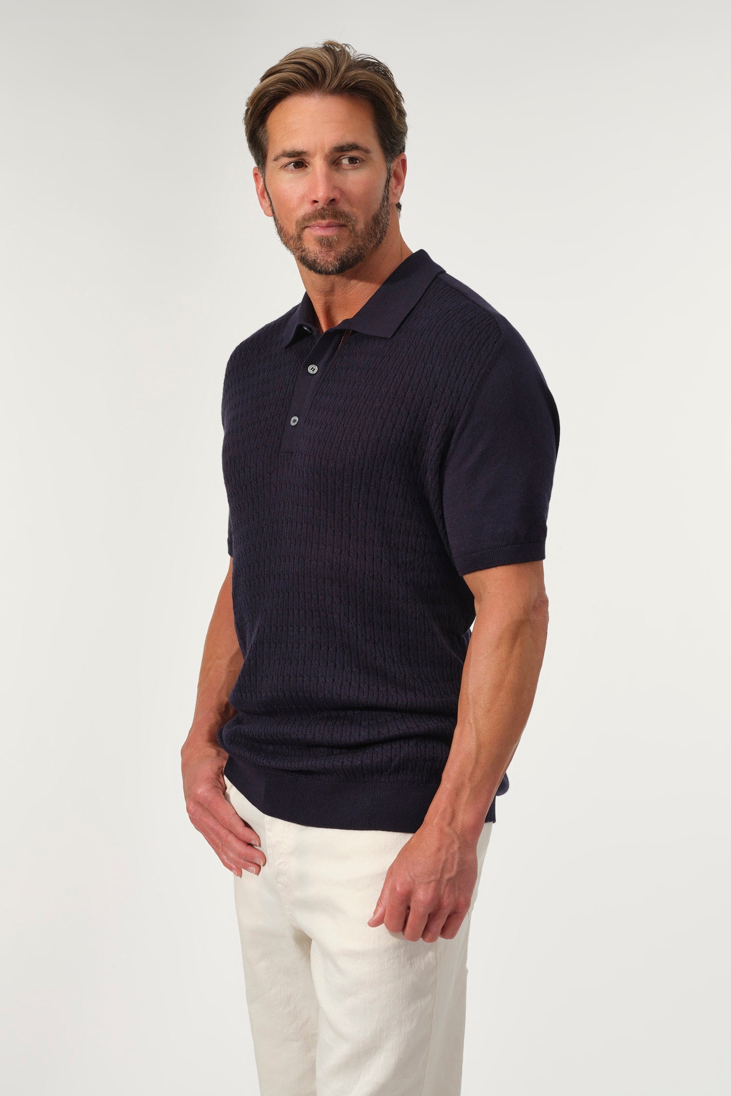 Textured Knit Polo Sweater