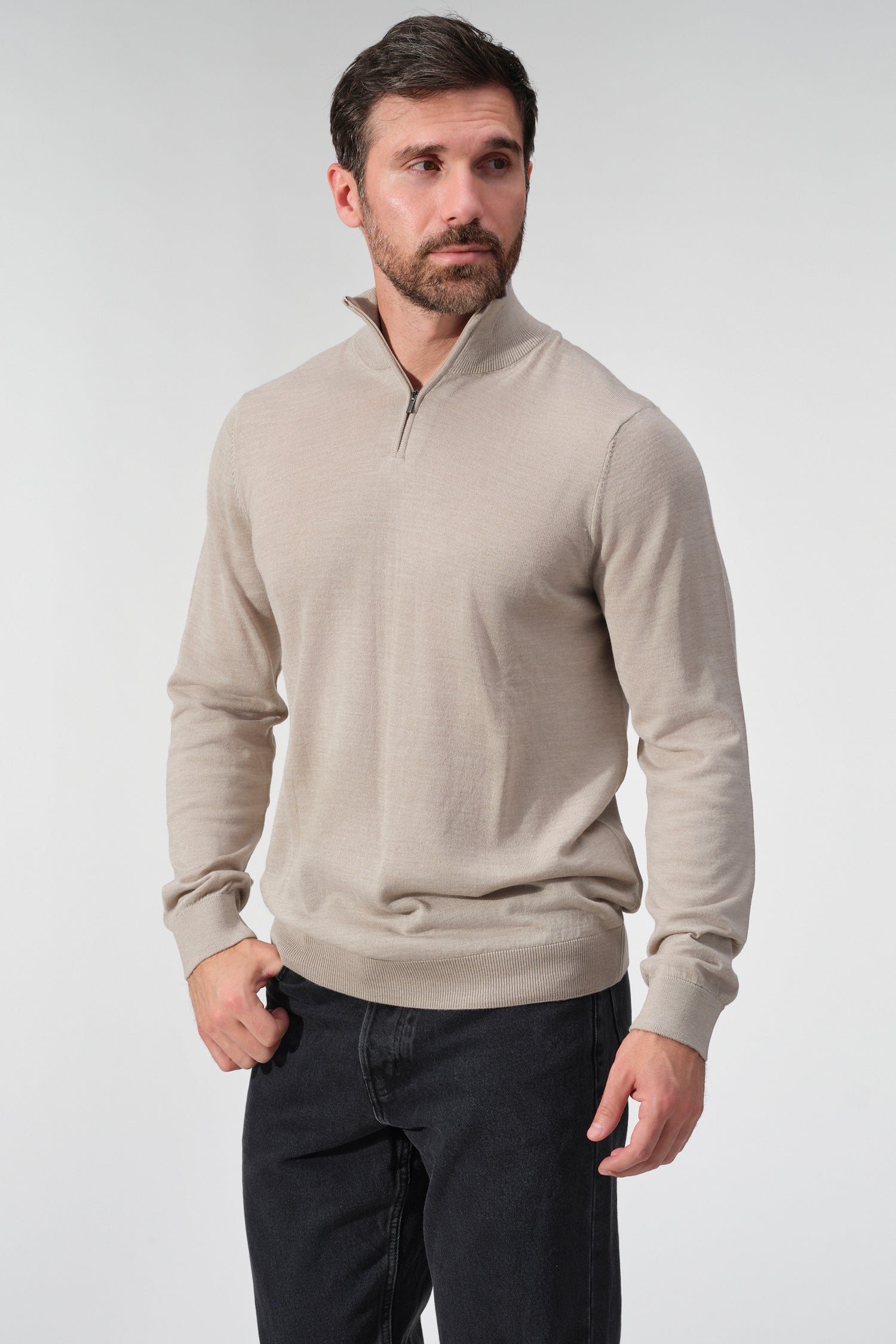 Merino Wool Solid Quarter Zip Sweater