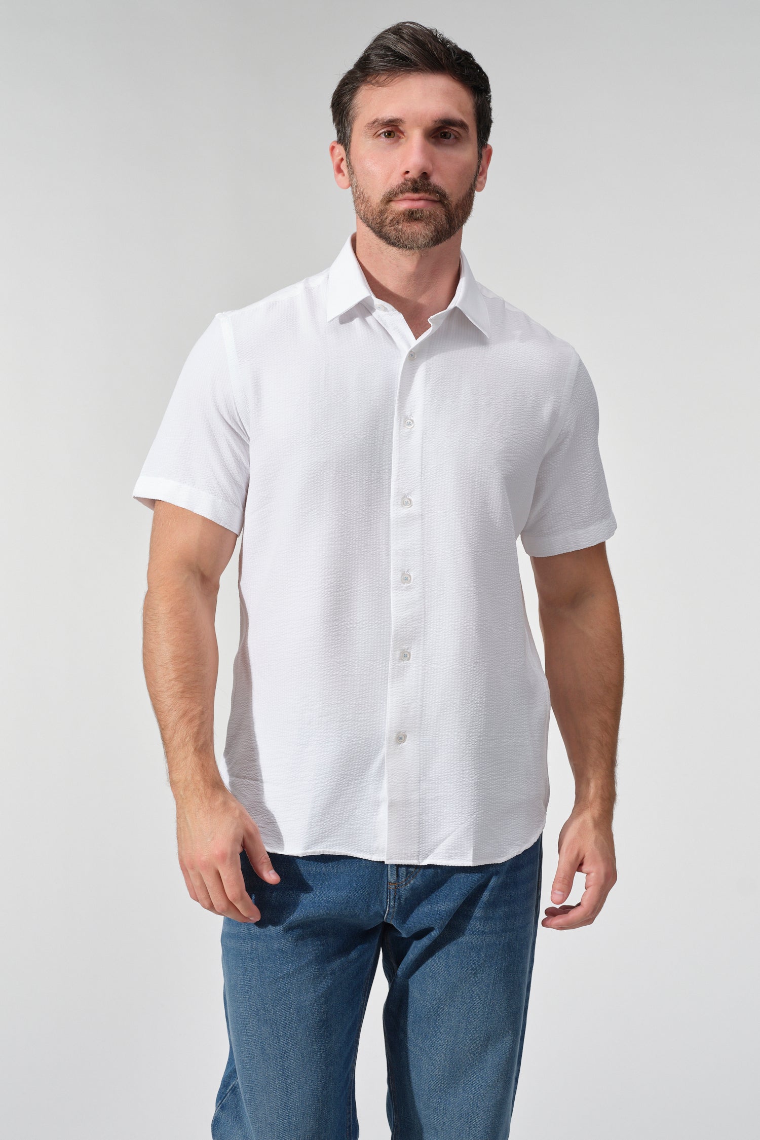 men dress shirt short sleeve white thick Textured Viscose Blend Short Sleeve Shirt White / XL