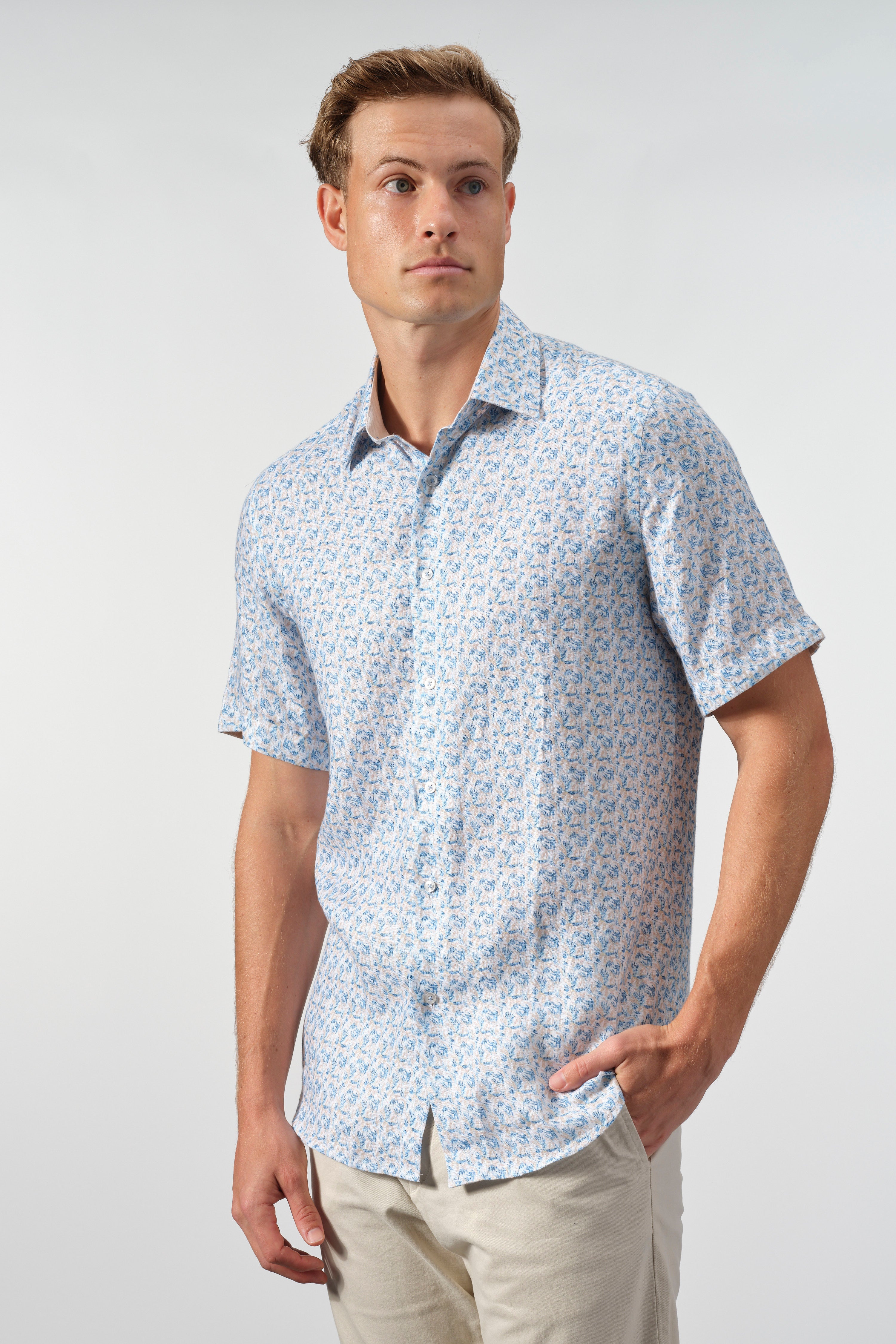 Azure Botanical Linen Short Sleeve Shirt