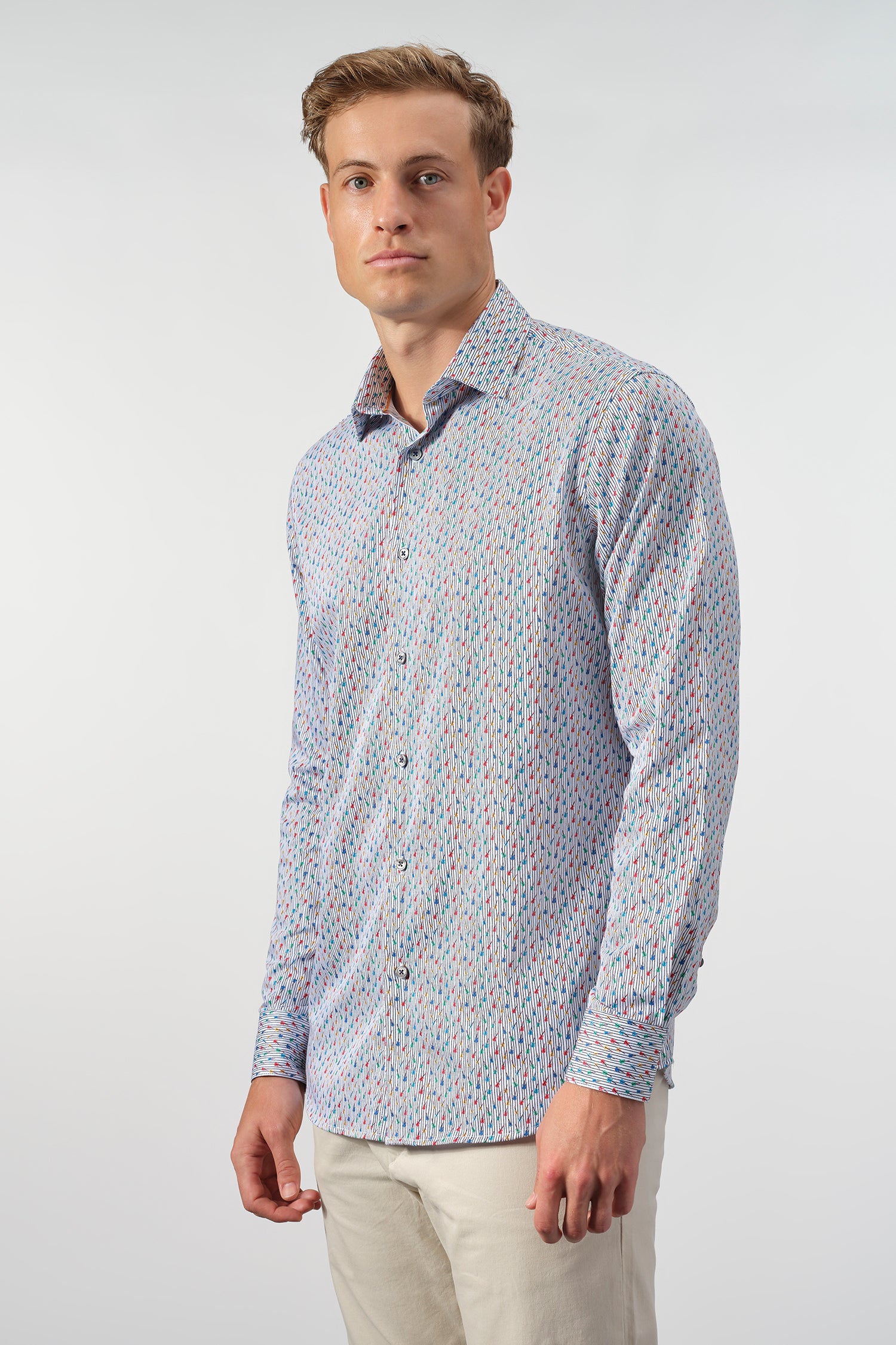 Striped Cotton Shirt with Guitar Micro-Print