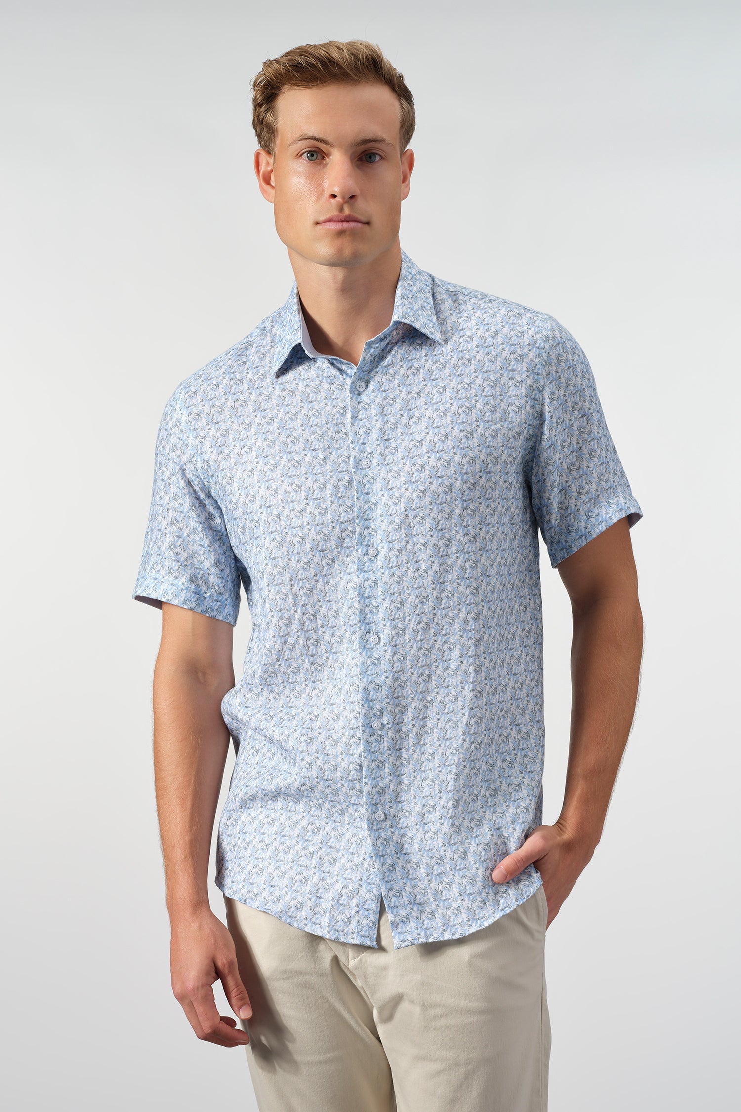 Azure Botanical Linen Short Sleeve Shirt