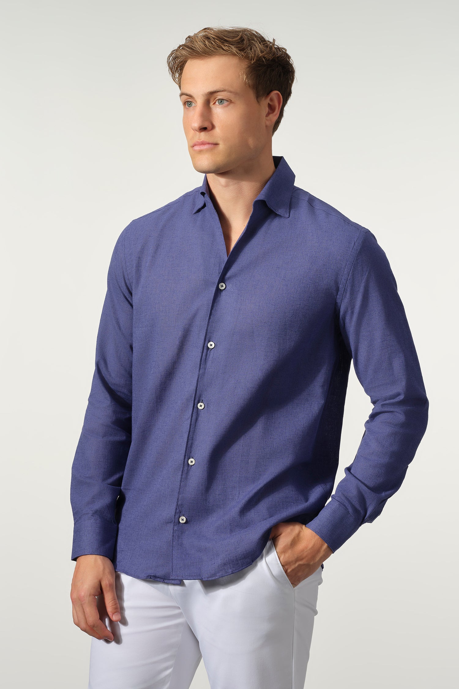 Roll Up Collar Linen Blend Shirt