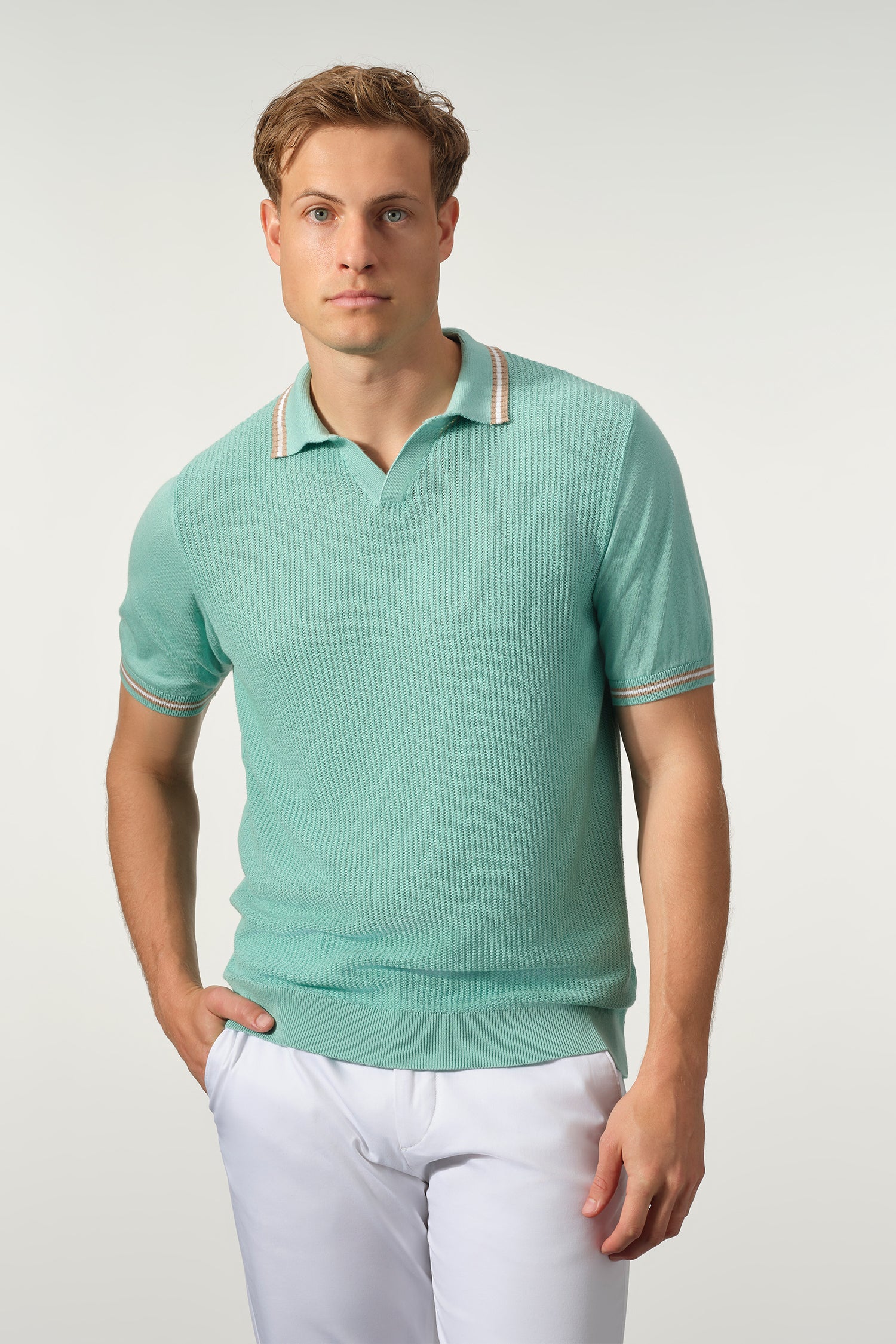 Open Collar Textured Cotton-Tencel Polo