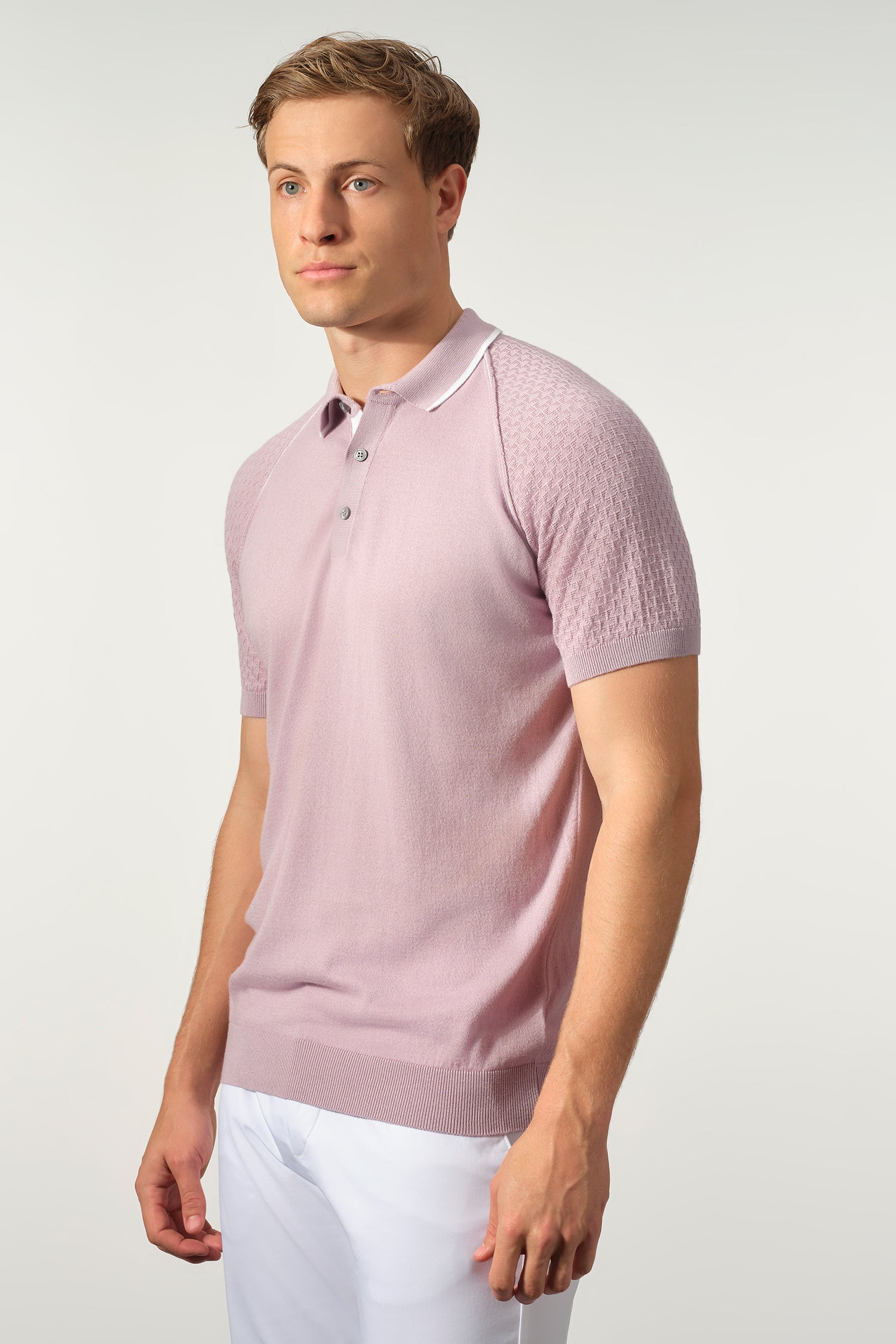 Textured Sleeve Cotton-Tencel Knit Polo