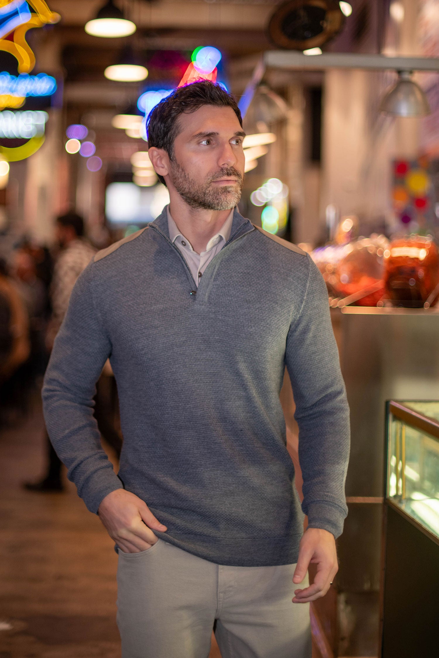 Knit Shoulder Patch Quarter Zip Sweater