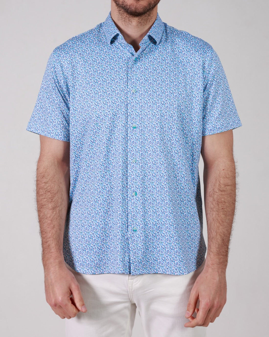 Geometric Dot Printed Blue 8-Way Stretch Short Sleeve Cotton Shirt