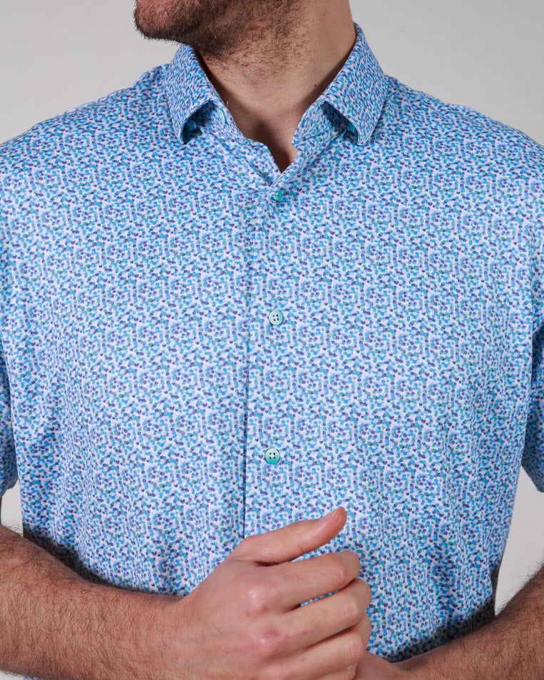 Geometric Dot Printed Blue 8-Way Stretch Short Sleeve Cotton Shirt