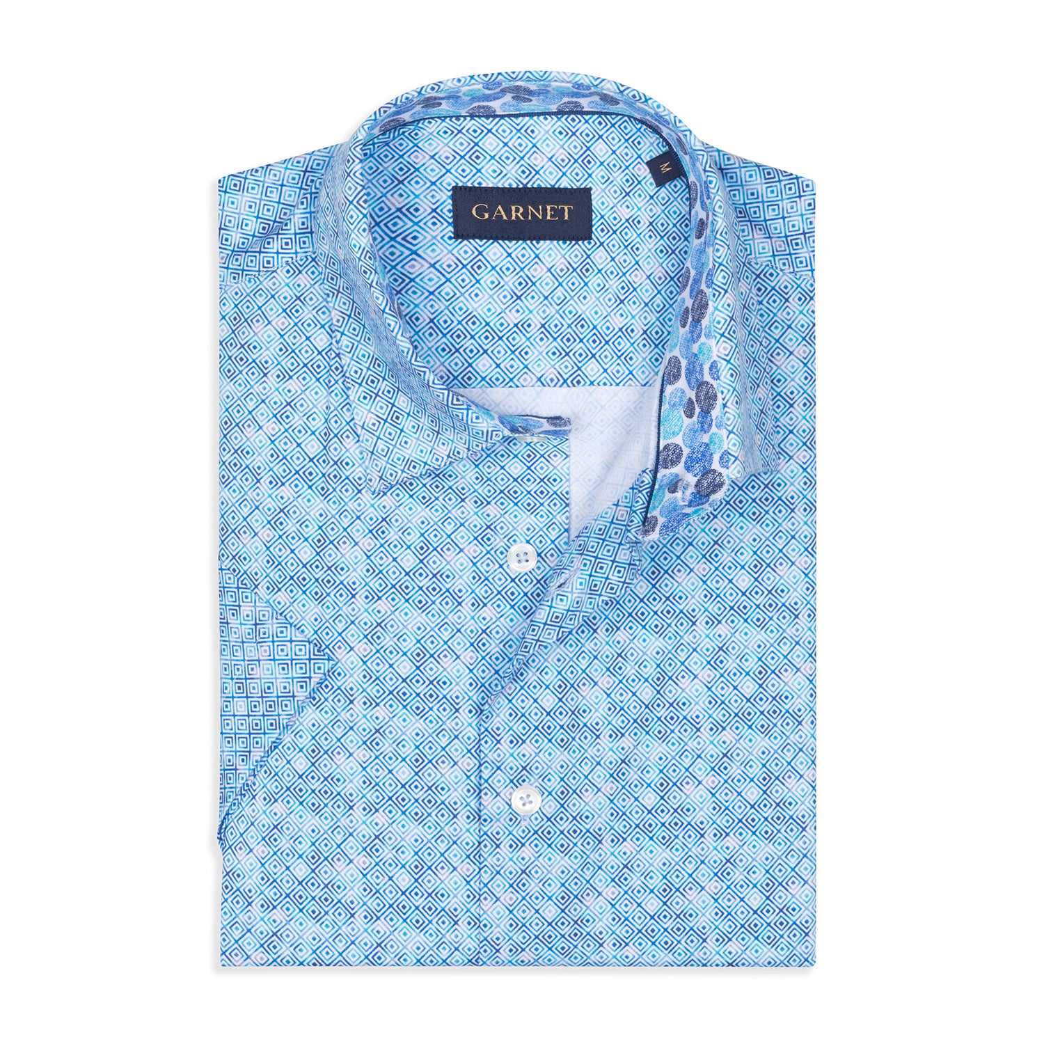 Blue Geometric  Printed Short Sleeve Cotton Shirt