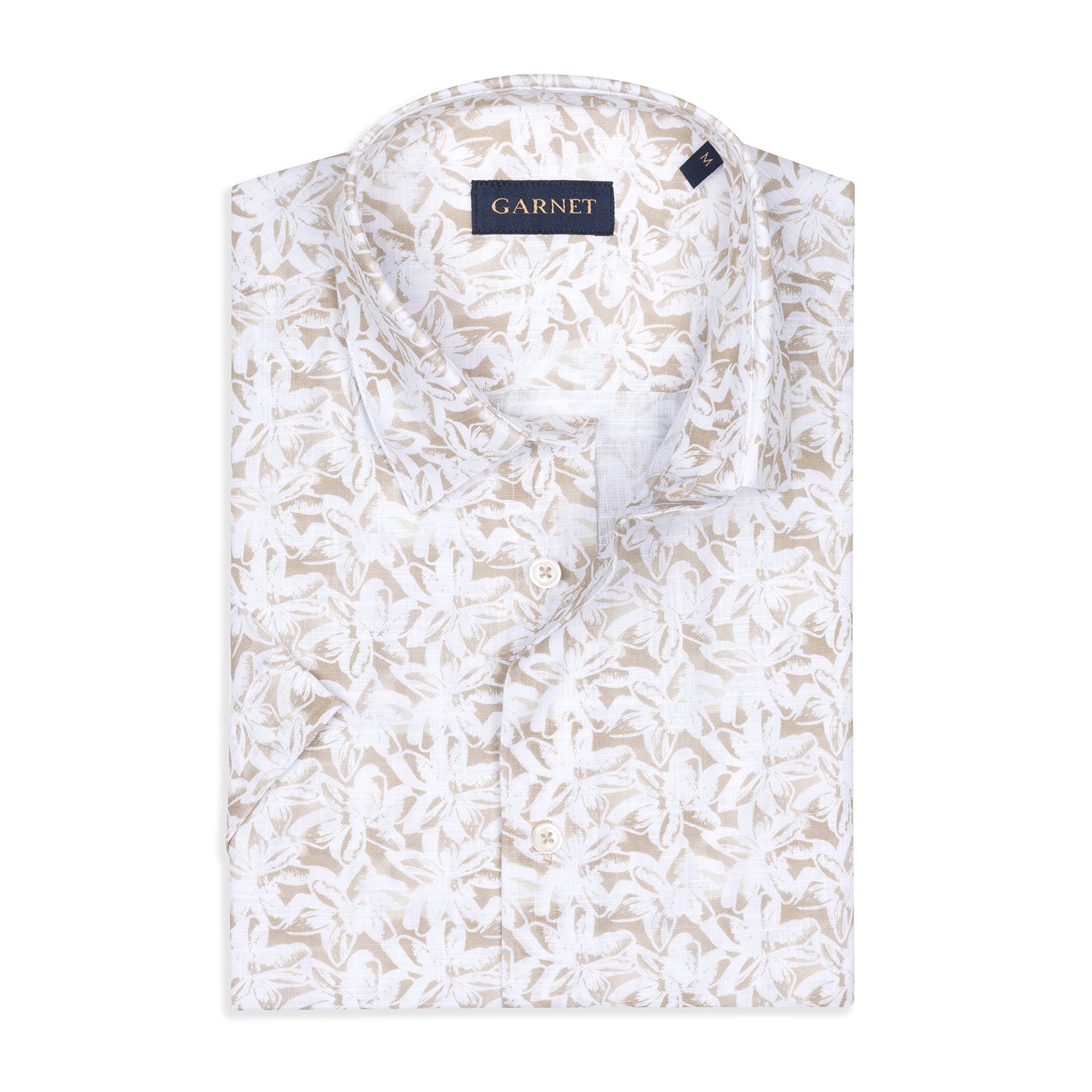 Beige Floral Printed Short Sleeve Cotton Shirt