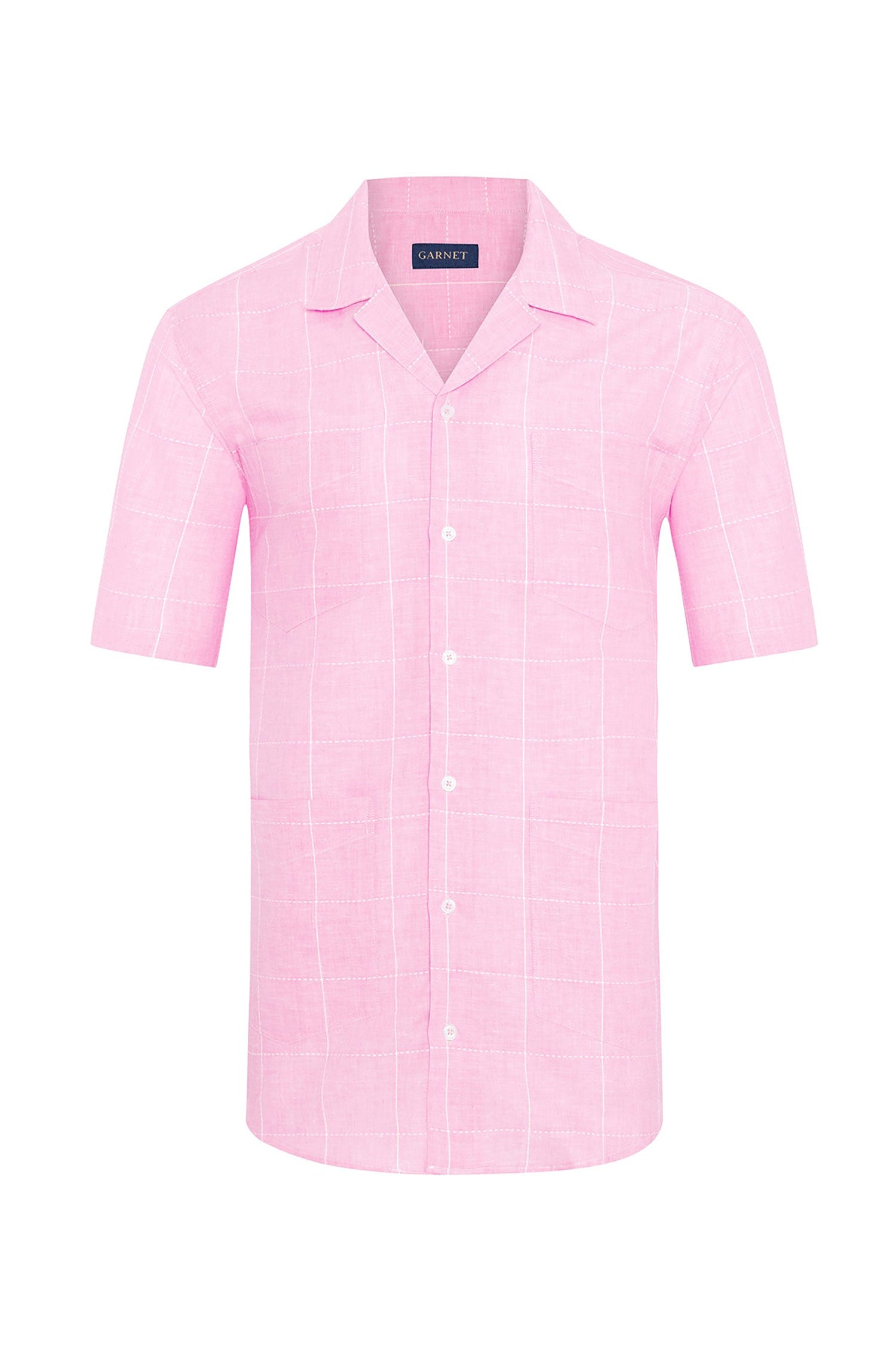Garnet Men's Linen Cotton Solid Checker Short Sleeve Shirt 2411094