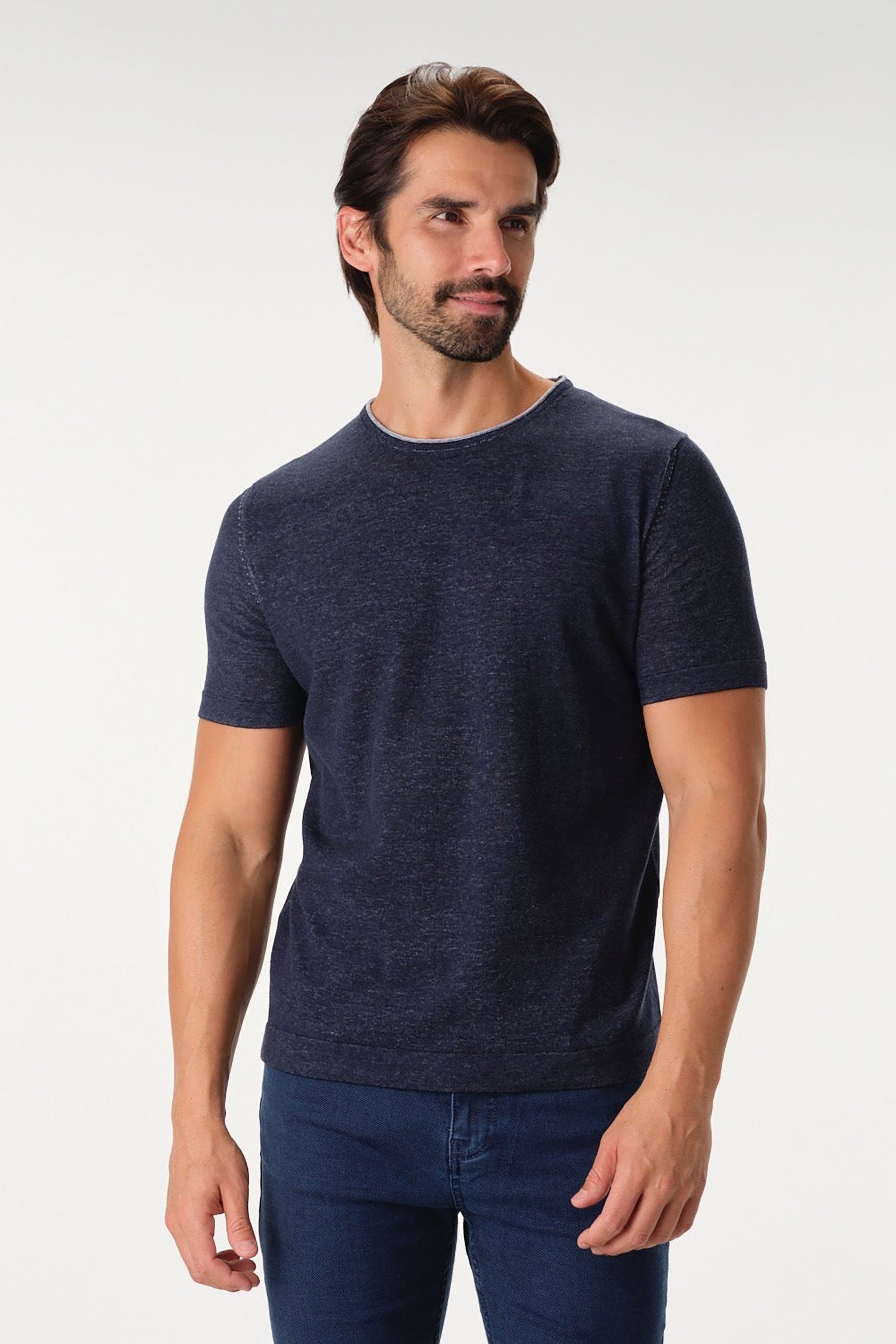 Garnet Men'Linen Look Crew Neck Short Sleeve Sweater 2212012 Navy