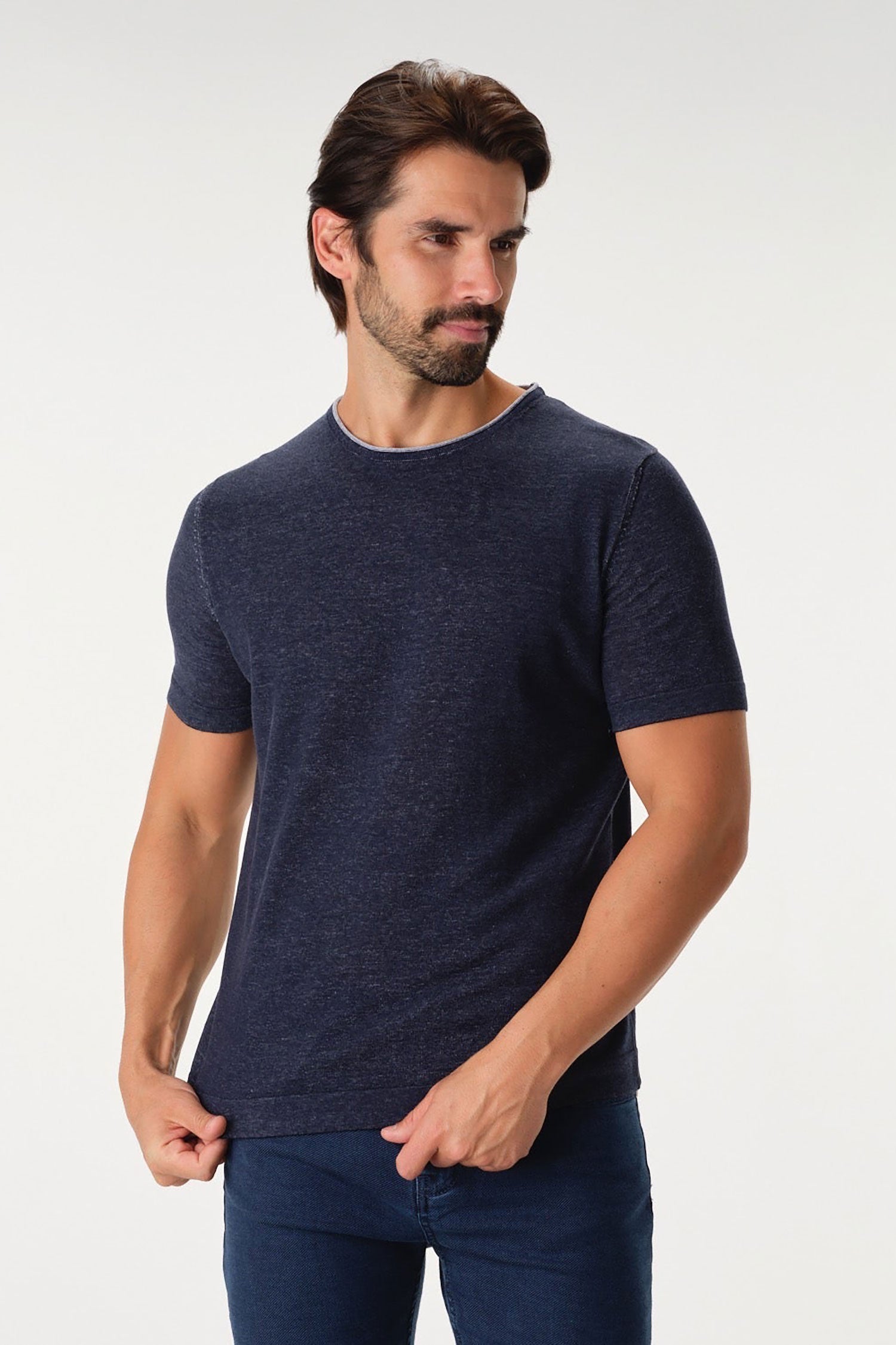 Garnet Men'Linen Look Crew Neck Short Sleeve Sweater 2212012 Navy