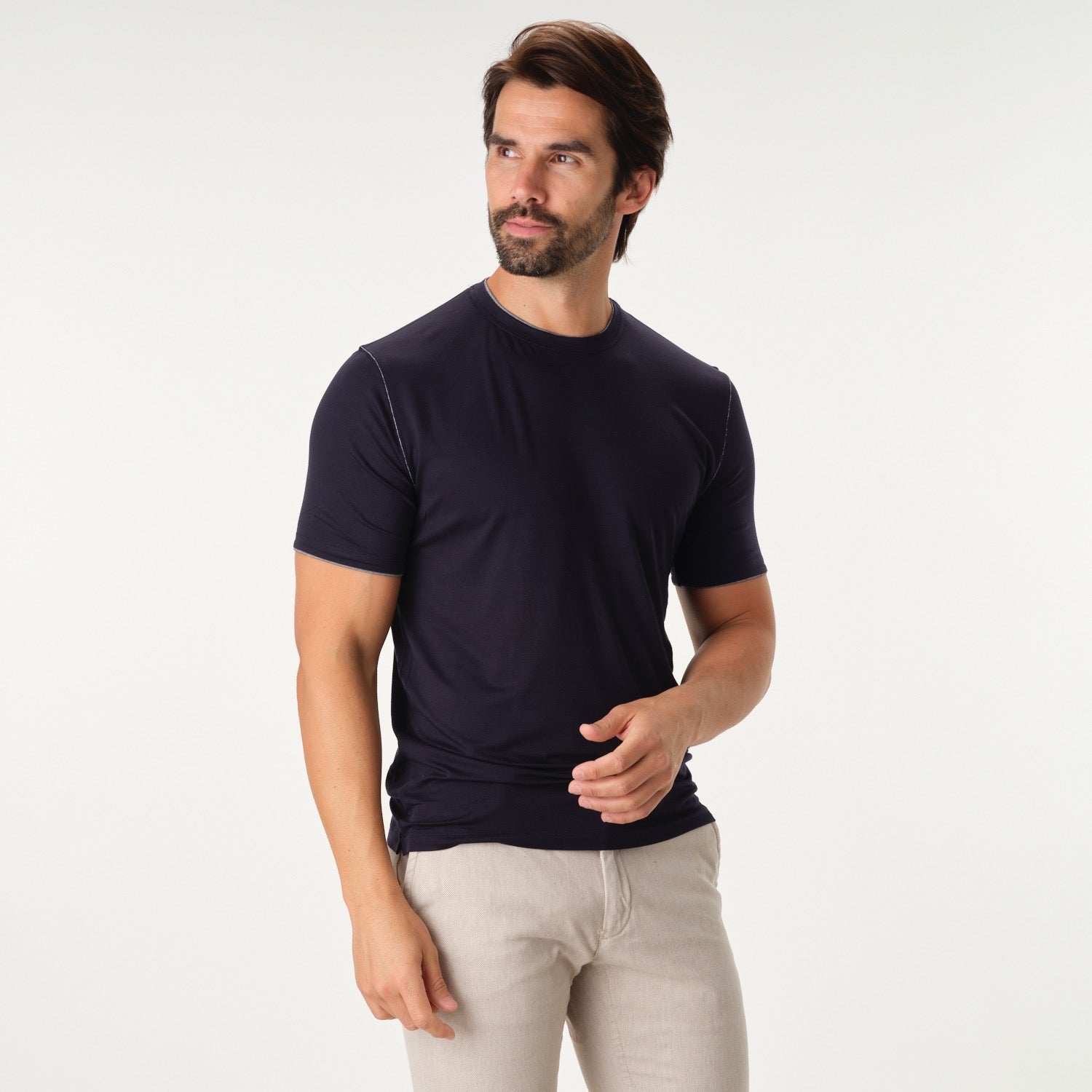 Solid Performance Navy Stitched Crew Neck T-Shirt