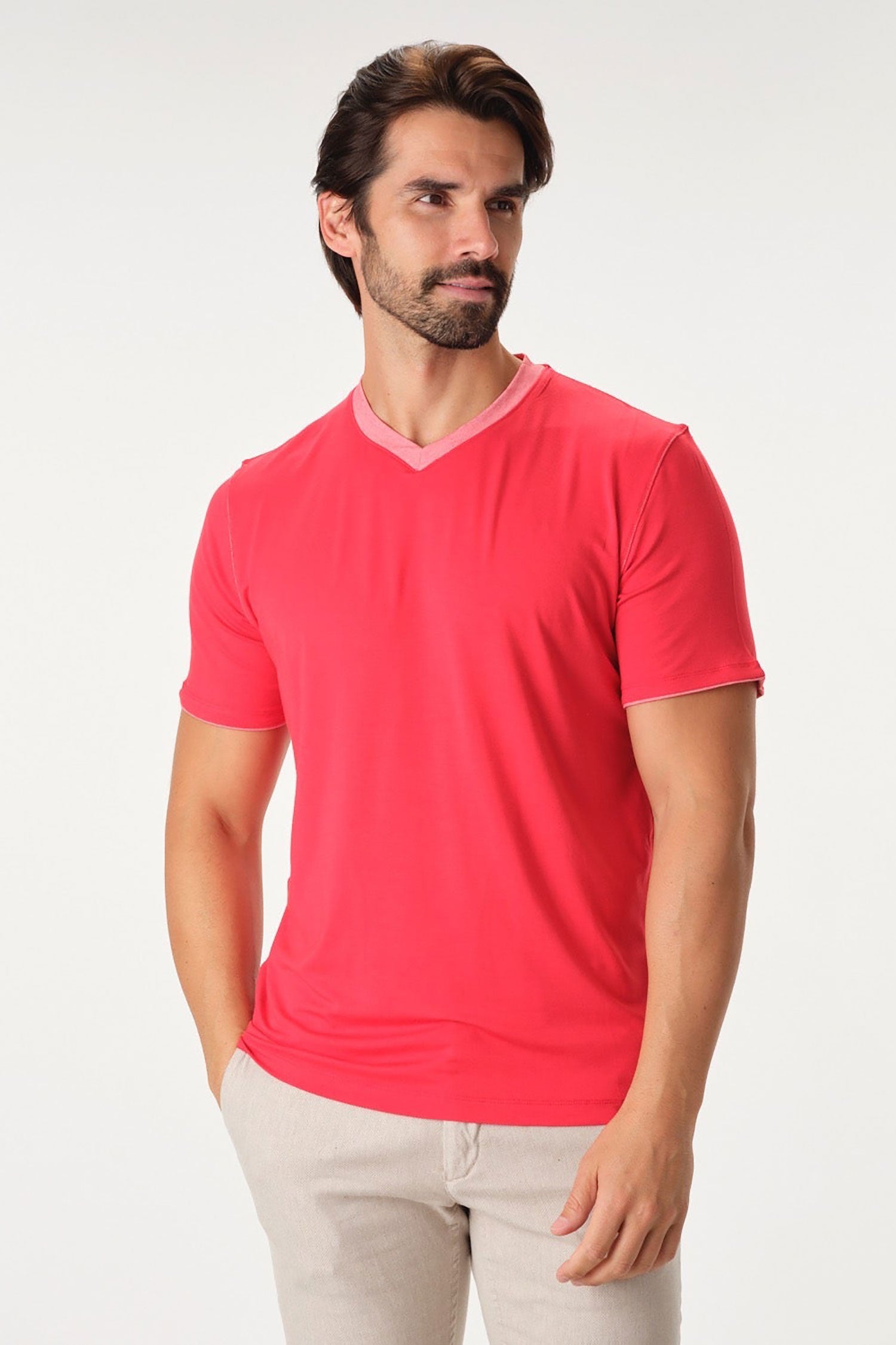 Garnet Men's Ribbed V-Neck Short Sleeve Stretch T-Shirt Red 2317018