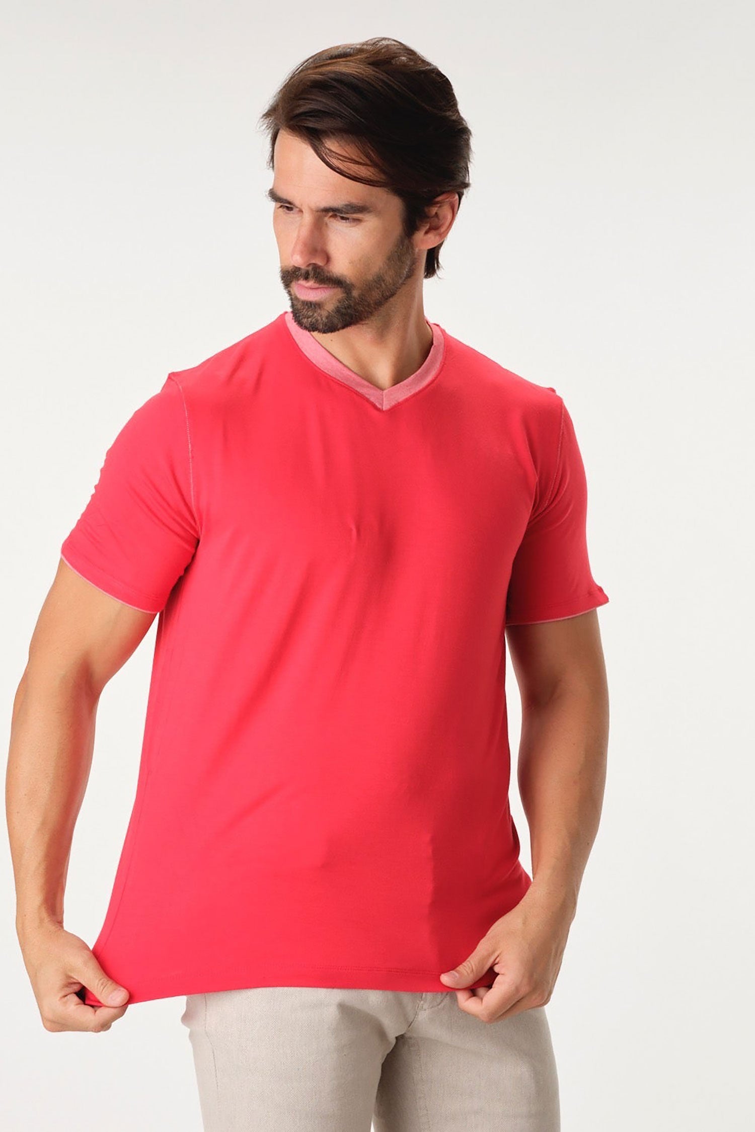Garnet Men's Ribbed V-Neck Short Sleeve Stretch T-Shirt Red 2317018