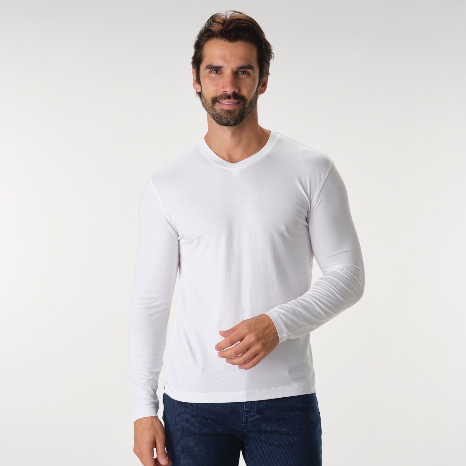 Solid Performance White Long Sleeve V-Neck T-Shirt