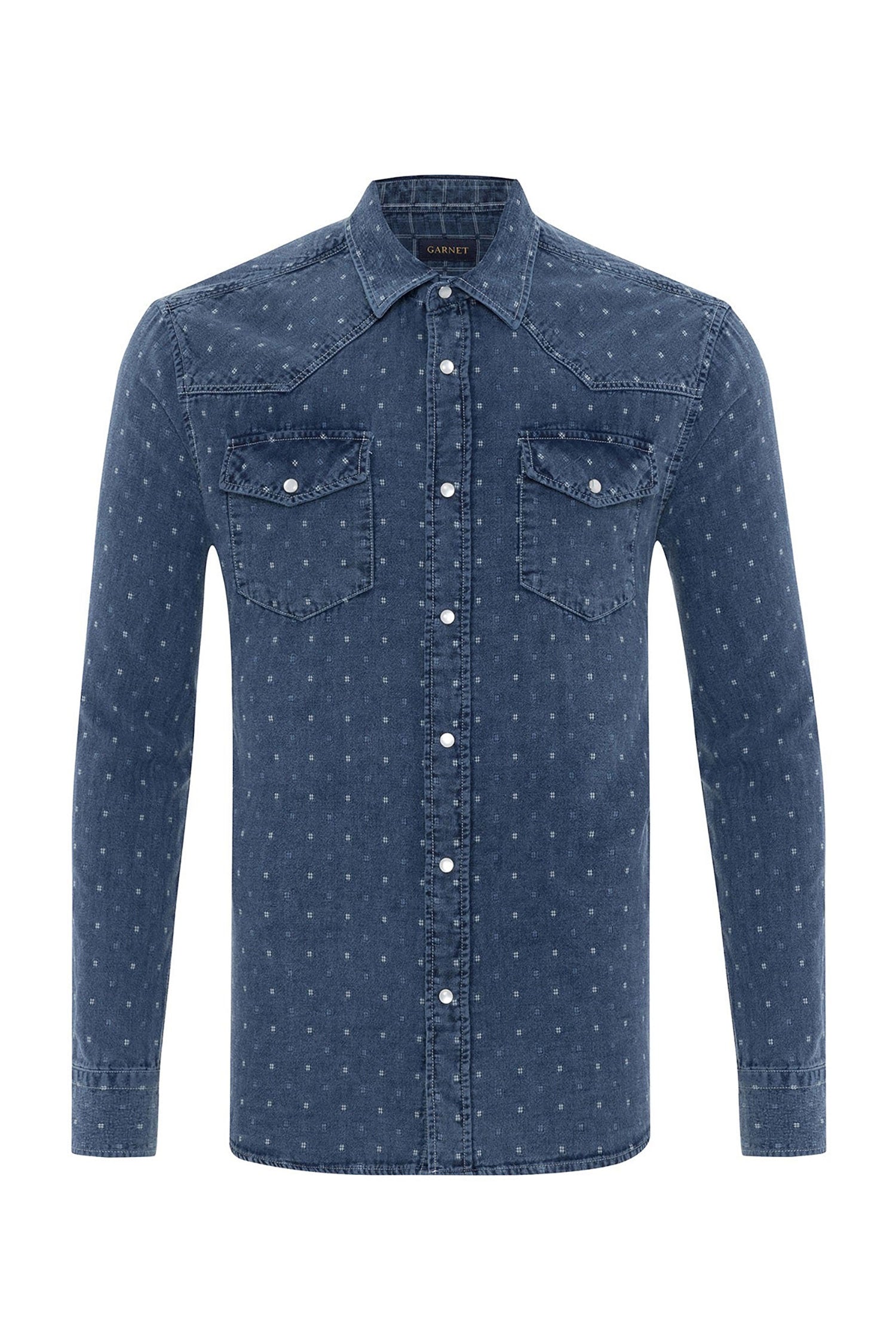 Garnet Men's Jacquard Polka Dot Denim Long Sleeve Shirt 2421065 Indigo / M