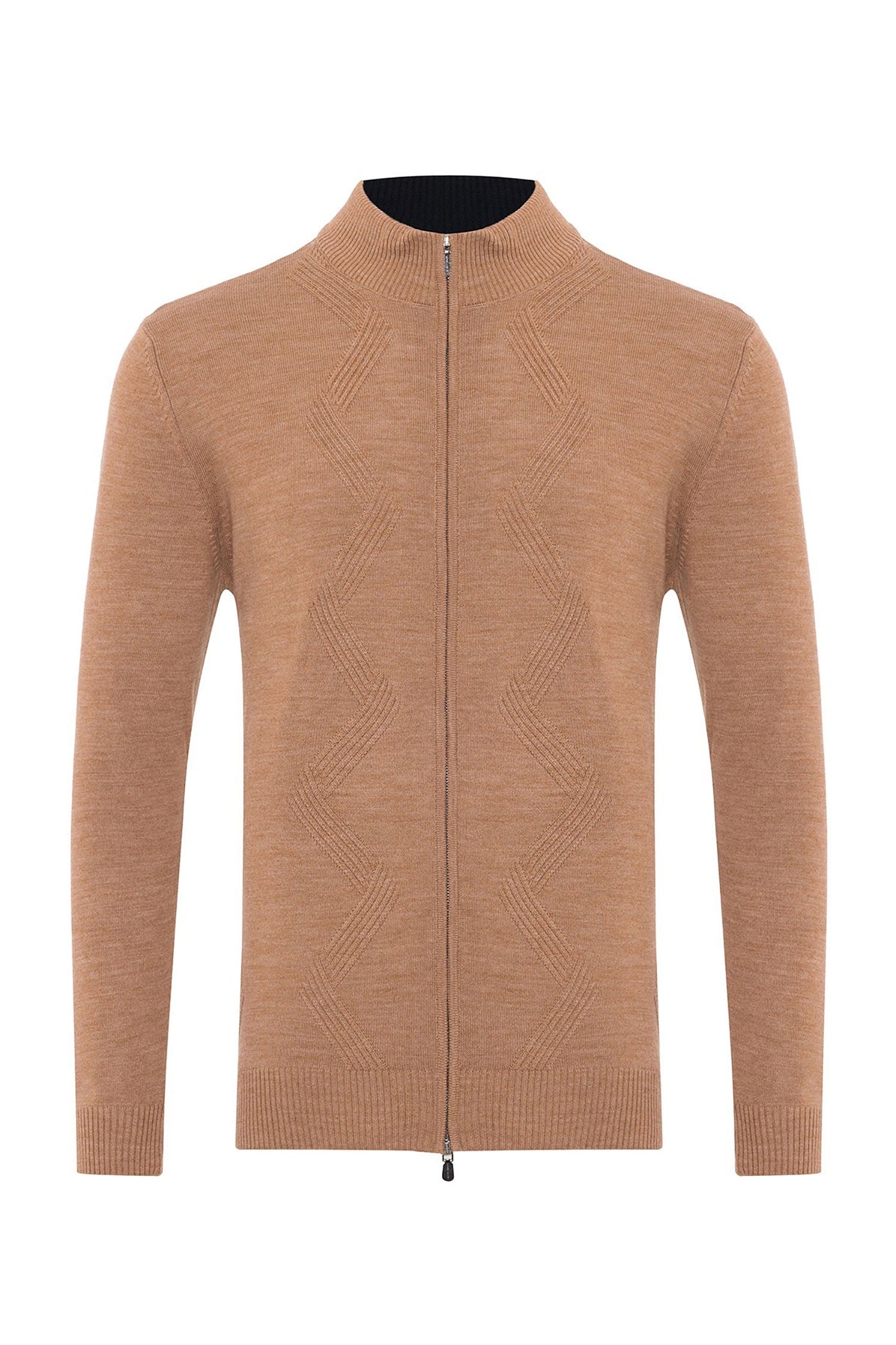 Garnet Men's Jacquard Full Zip Long Sleeve Wool Sweater 2422027 Beige