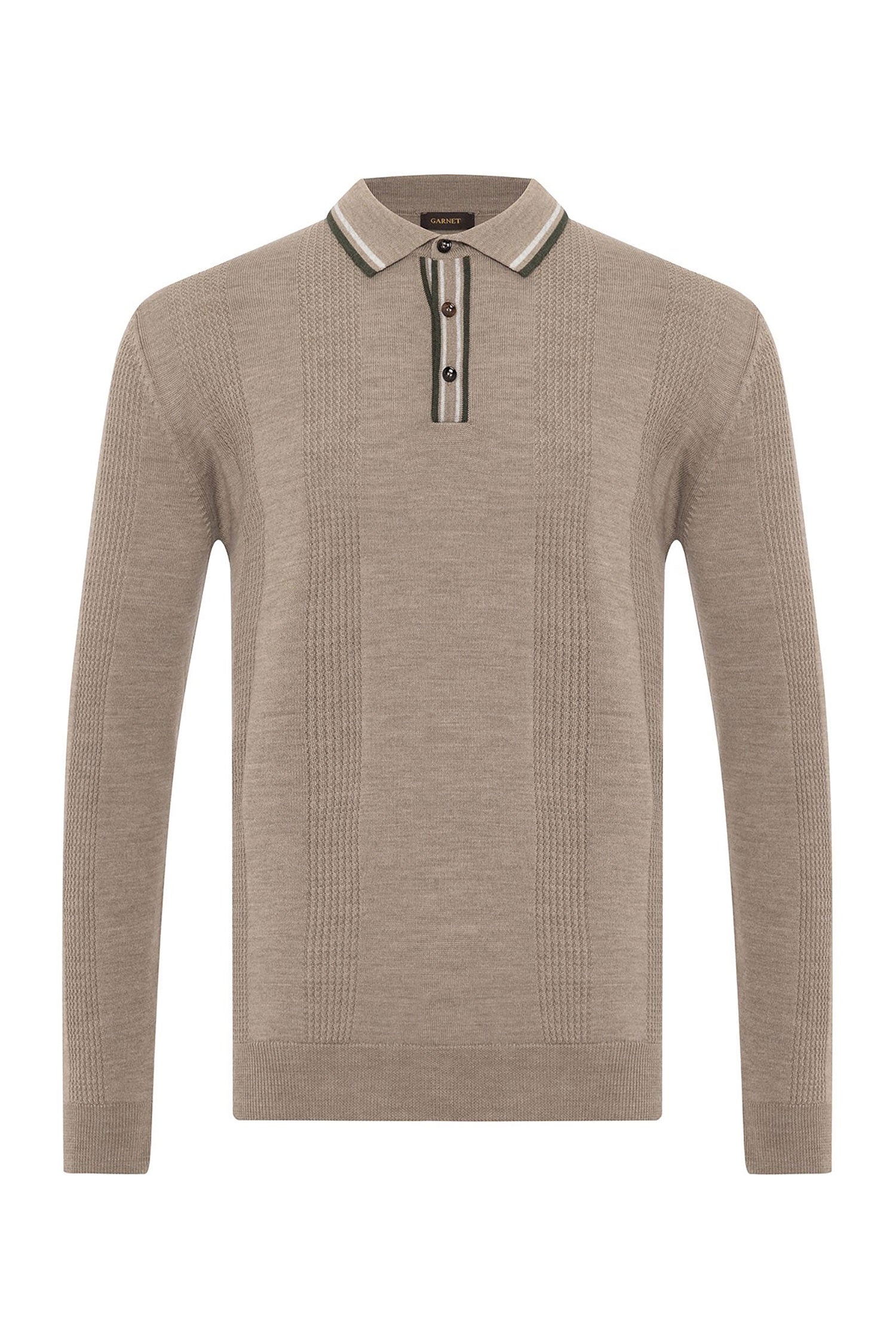 Garnet Men's Jacquard Long Sleeve Wool Polo Sweater 2422031 Beige