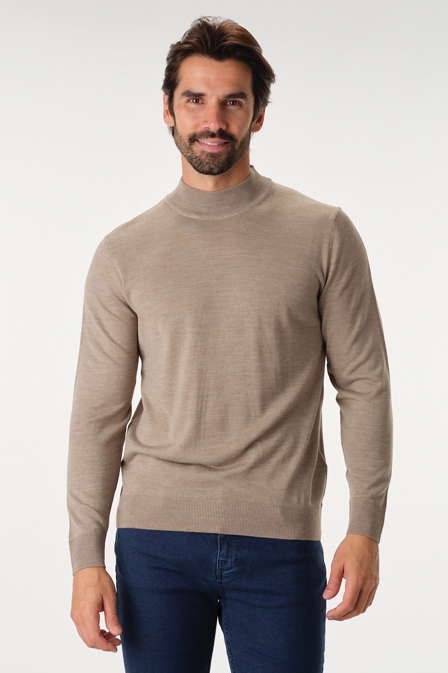 Garnet Men's Merino Wool Solid Mock Neck Long Sleeve Sweater BTK 7004 Beige