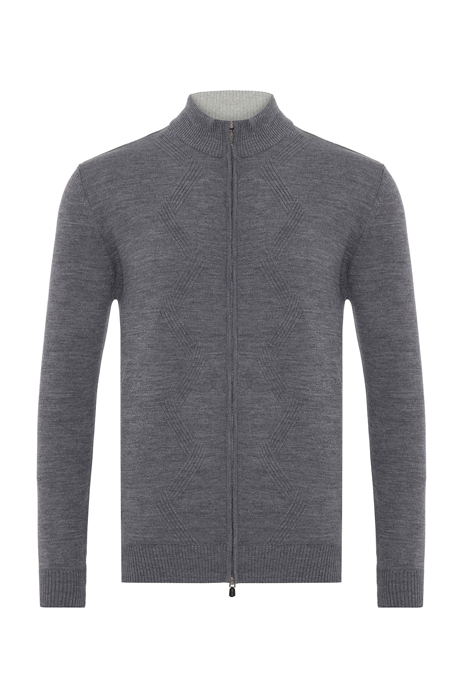 Garnet Men's Jacquard Full Zip Long Sleeve Wool Sweater 2422027 Grey