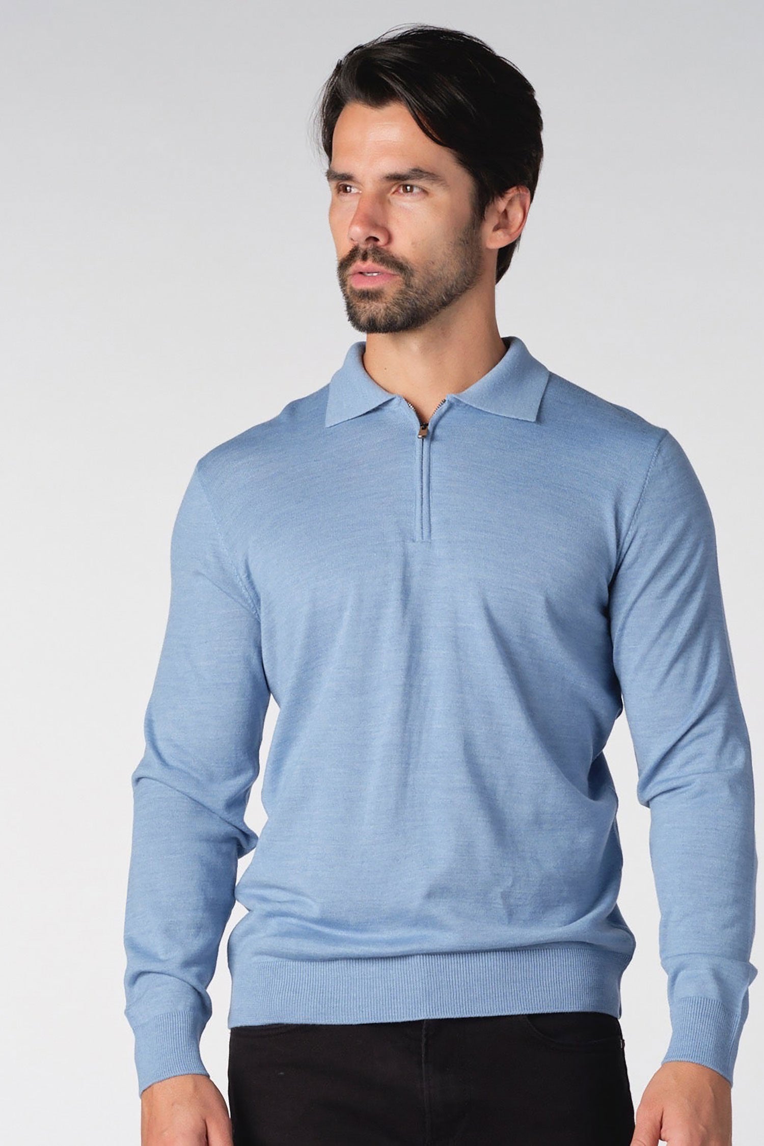 Garnet Men's Merino Wool Solid Zip Polo Long Sleeve Sweater BTK 7001 Blue