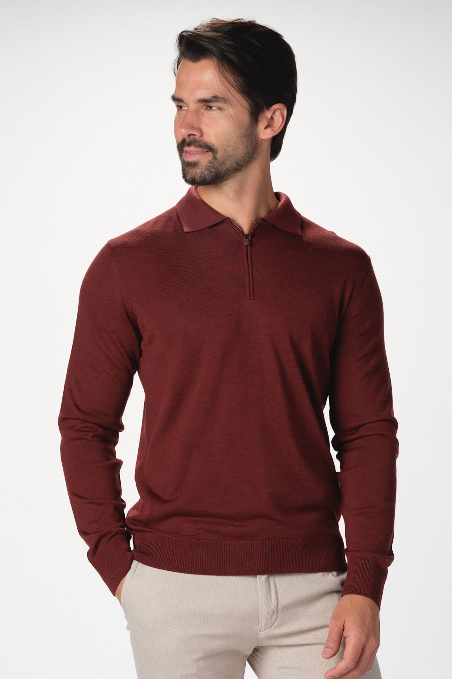 Garnet Men's Merino Wool Solid Zip Polo Long Sleeve Sweater BTK 7001 Rust