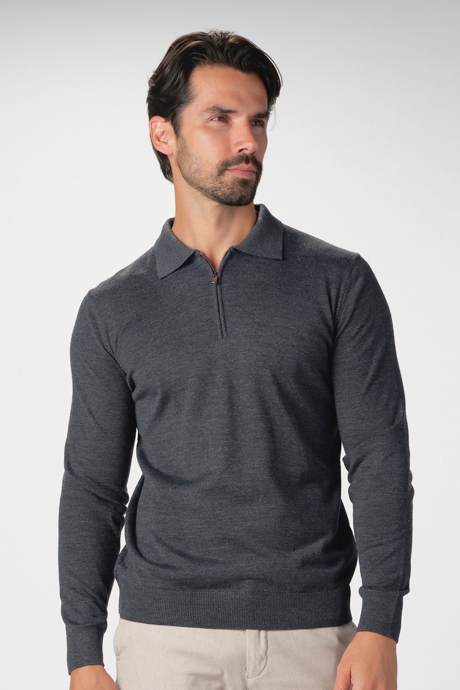 Garnet Men's Merino Wool Solid Zip Polo Long Sleeve Sweater BTK 7001