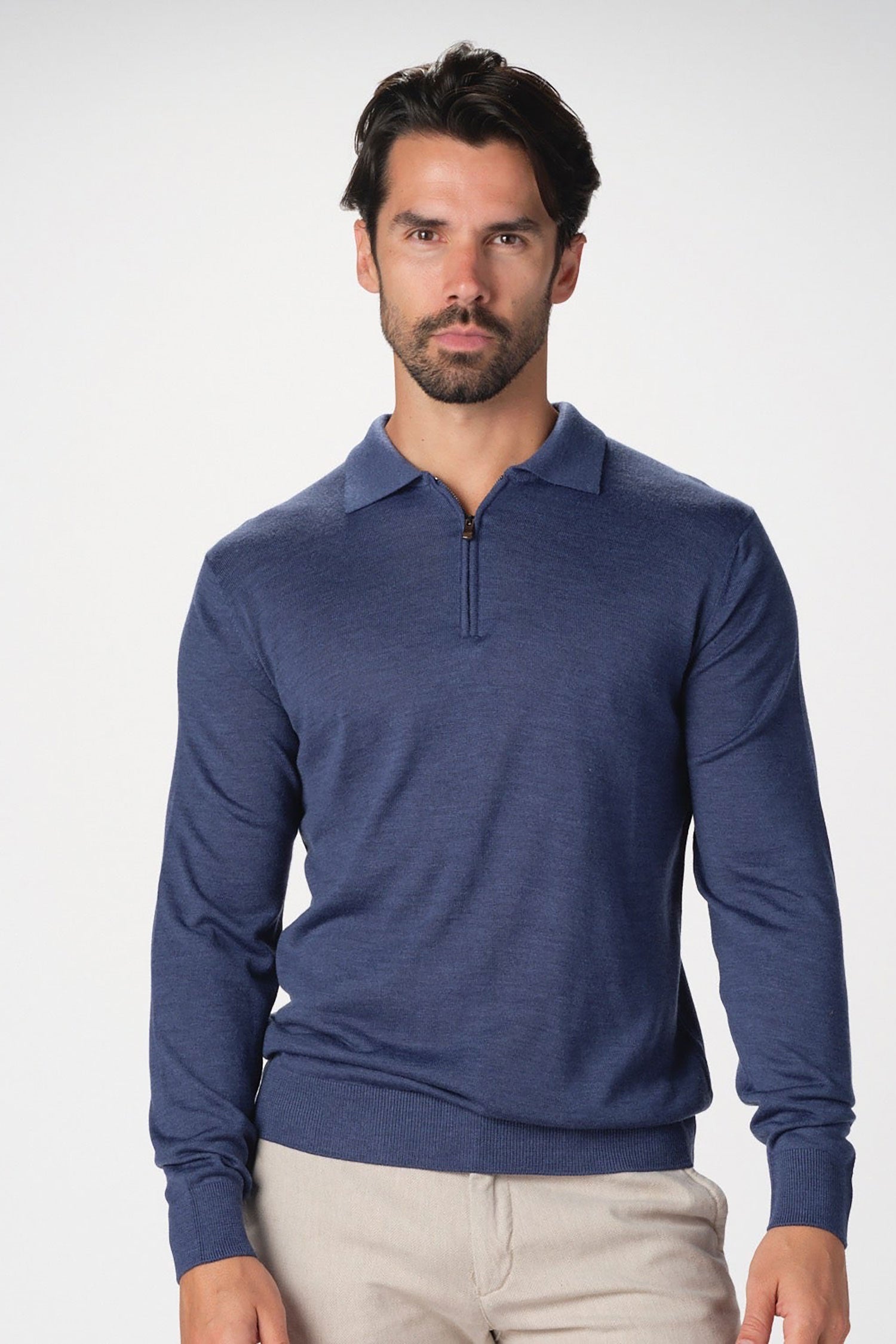Garnet Men's Merino Wool Solid Zip Polo Long Sleeve Sweater BTK 7001 Indigo