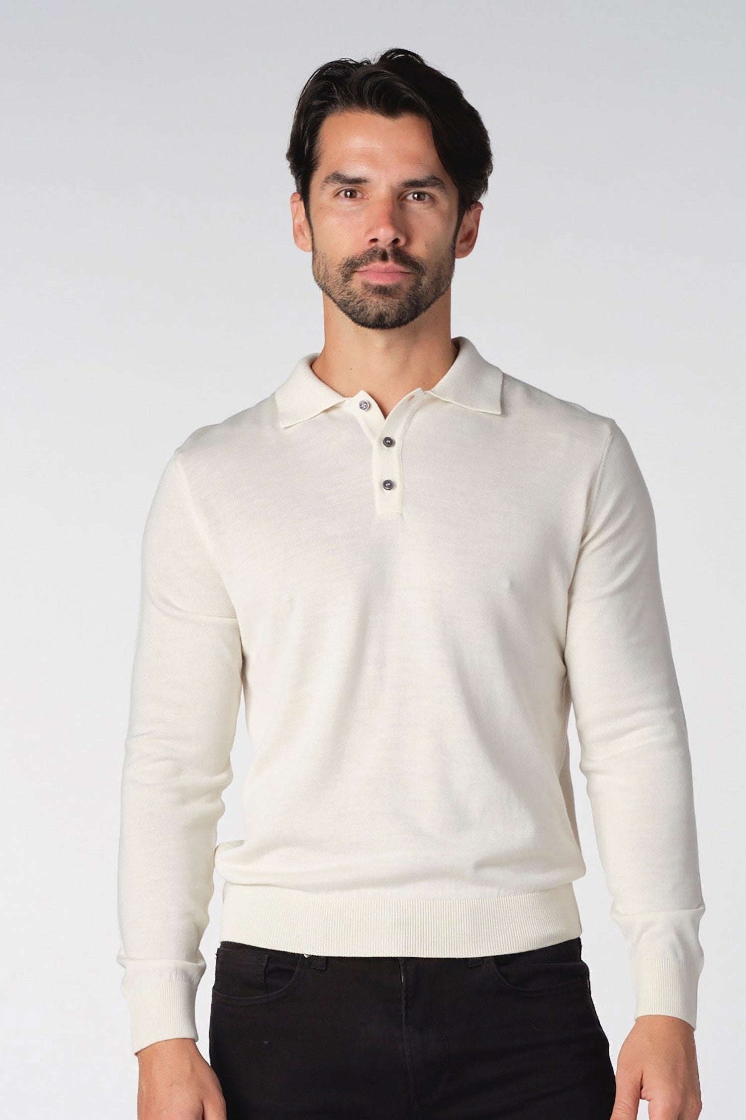 Garnet Men's Merino Wool Solid Polo Long Sleeve Sweater BTK 7002 white