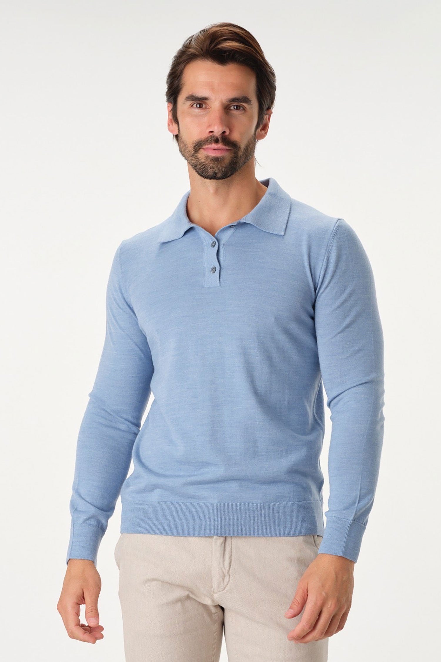 Garnet Men's Merino Wool Solid Polo Long Sleeve Sweater BTK 7002 blue