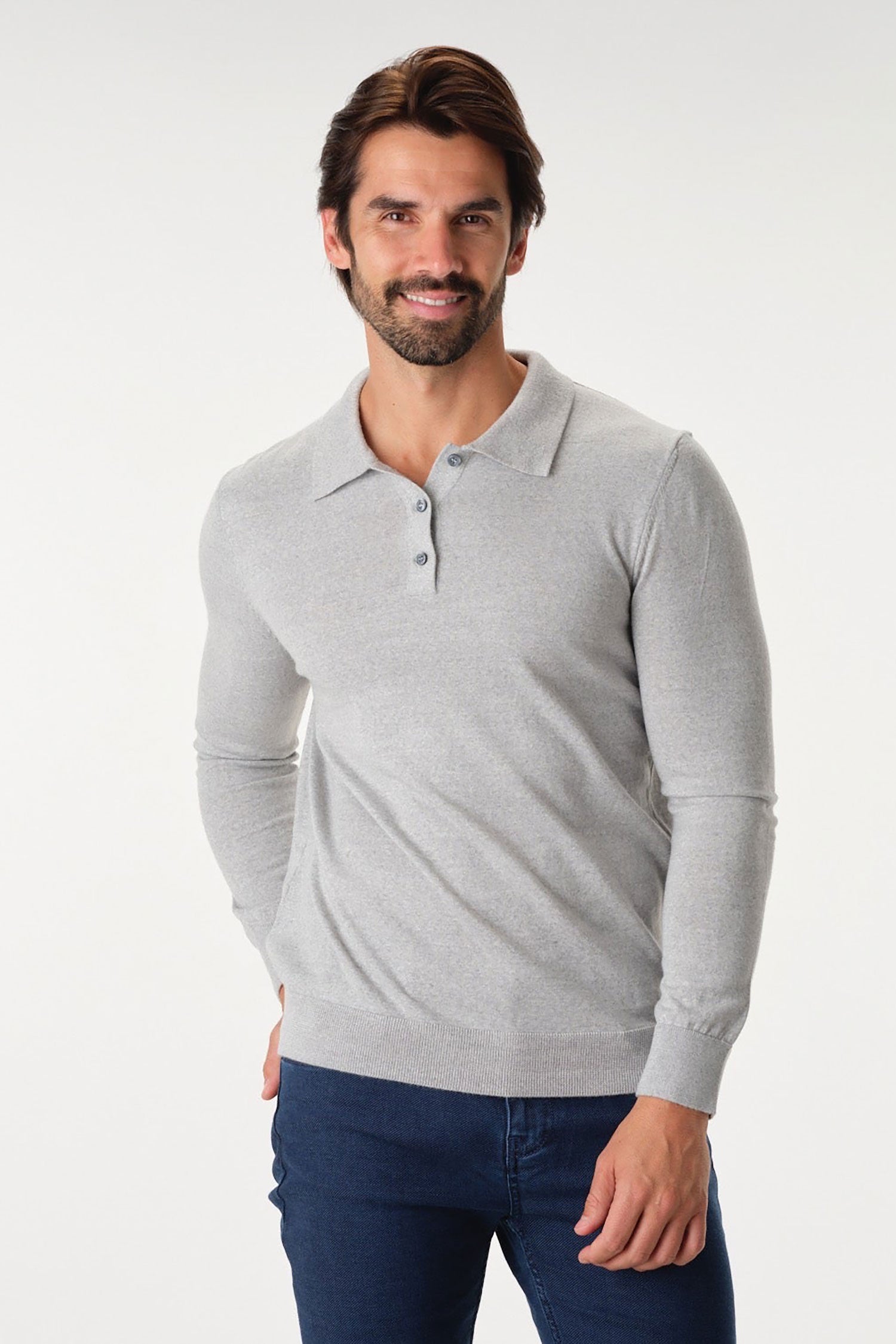 Garnet Men's Merino Wool Solid Polo Long Sleeve Sweater BTK 7002 grey