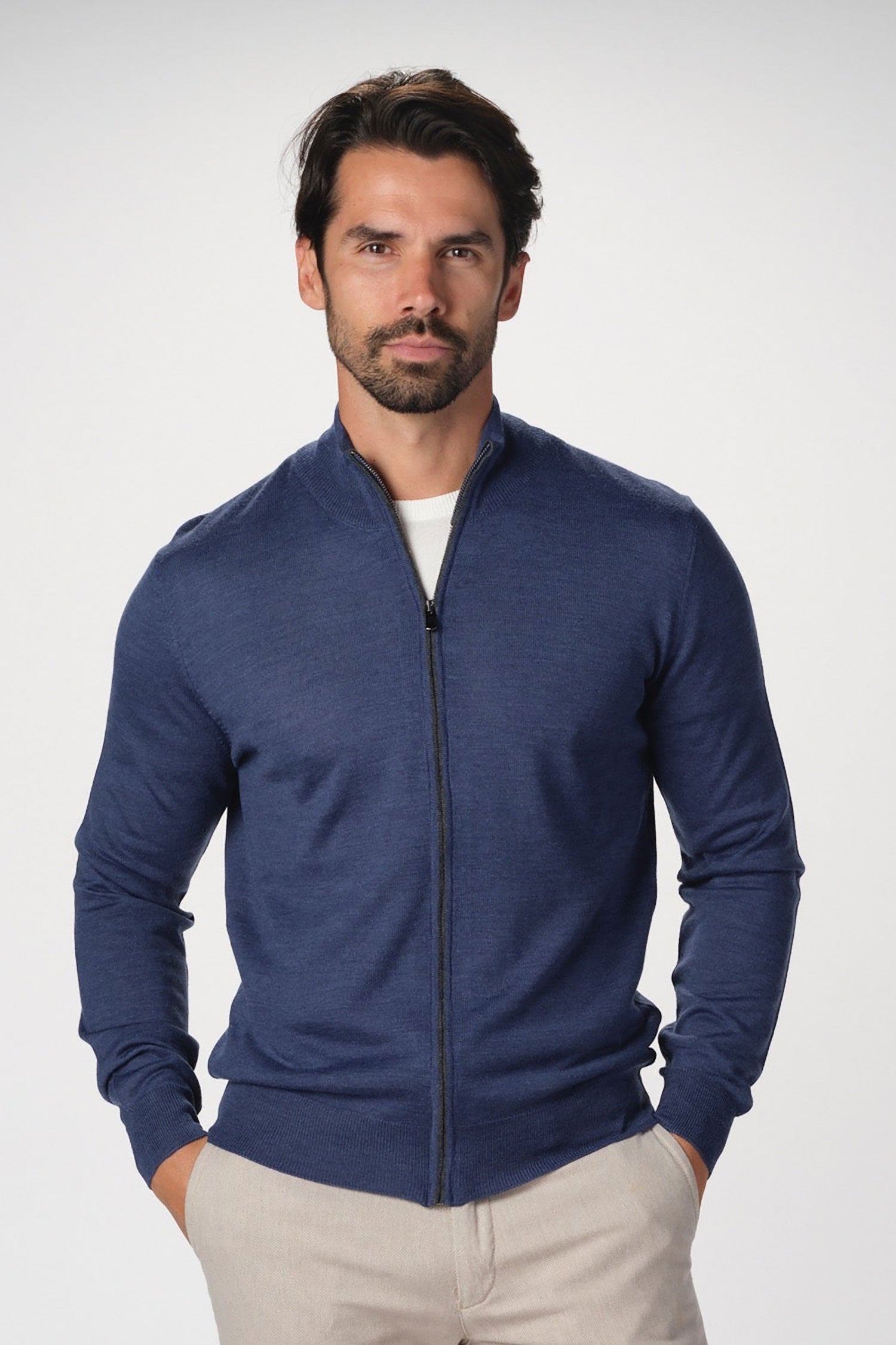 Garnet Men's Merino Wool Solid Full-Zip Long Sleeve Sweater BTK 7009 Indigo