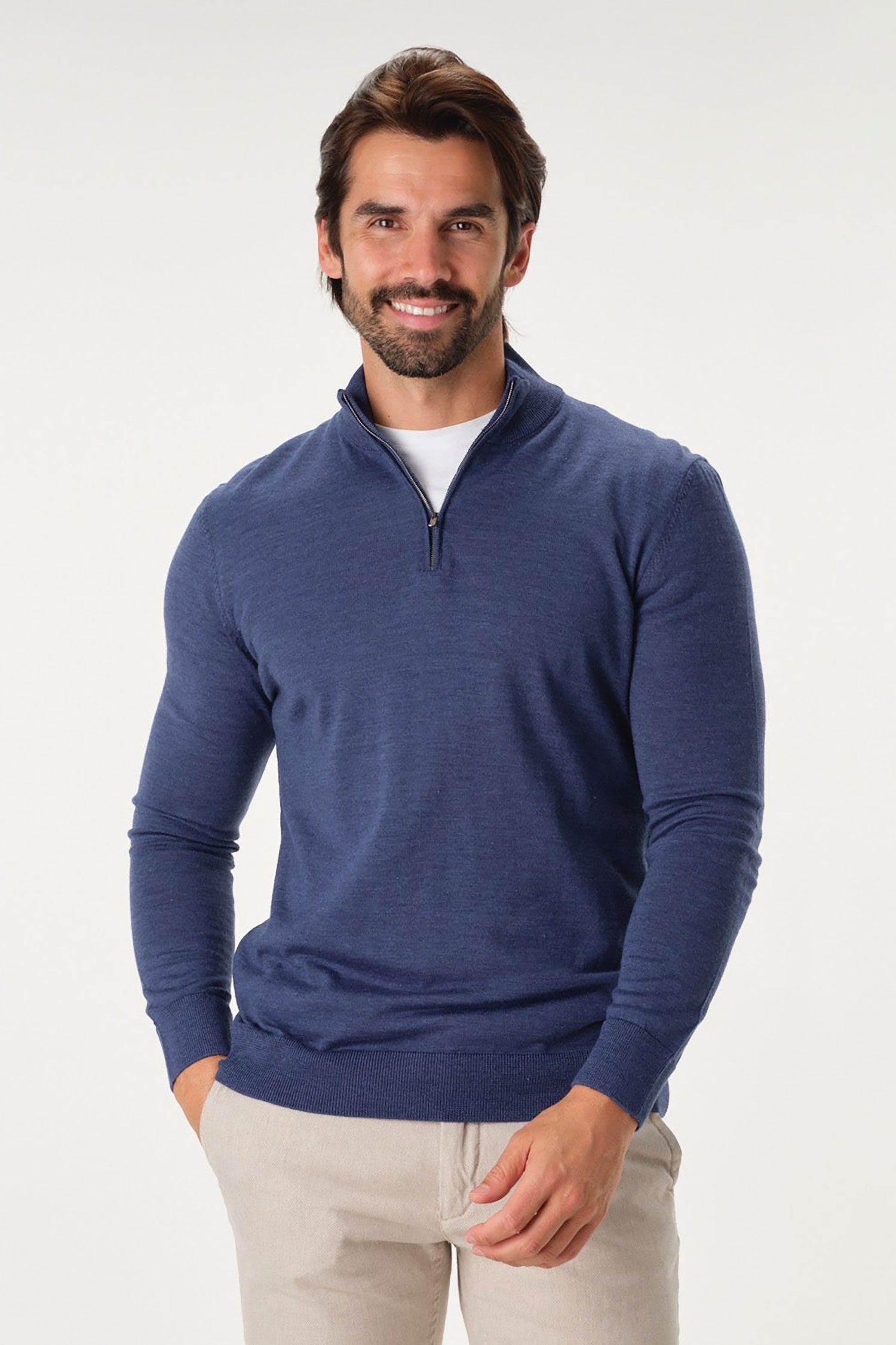 Garnet Men's Wool Solid Quarter Zip Long Sleeve Sweater BTK 7007 Indigo