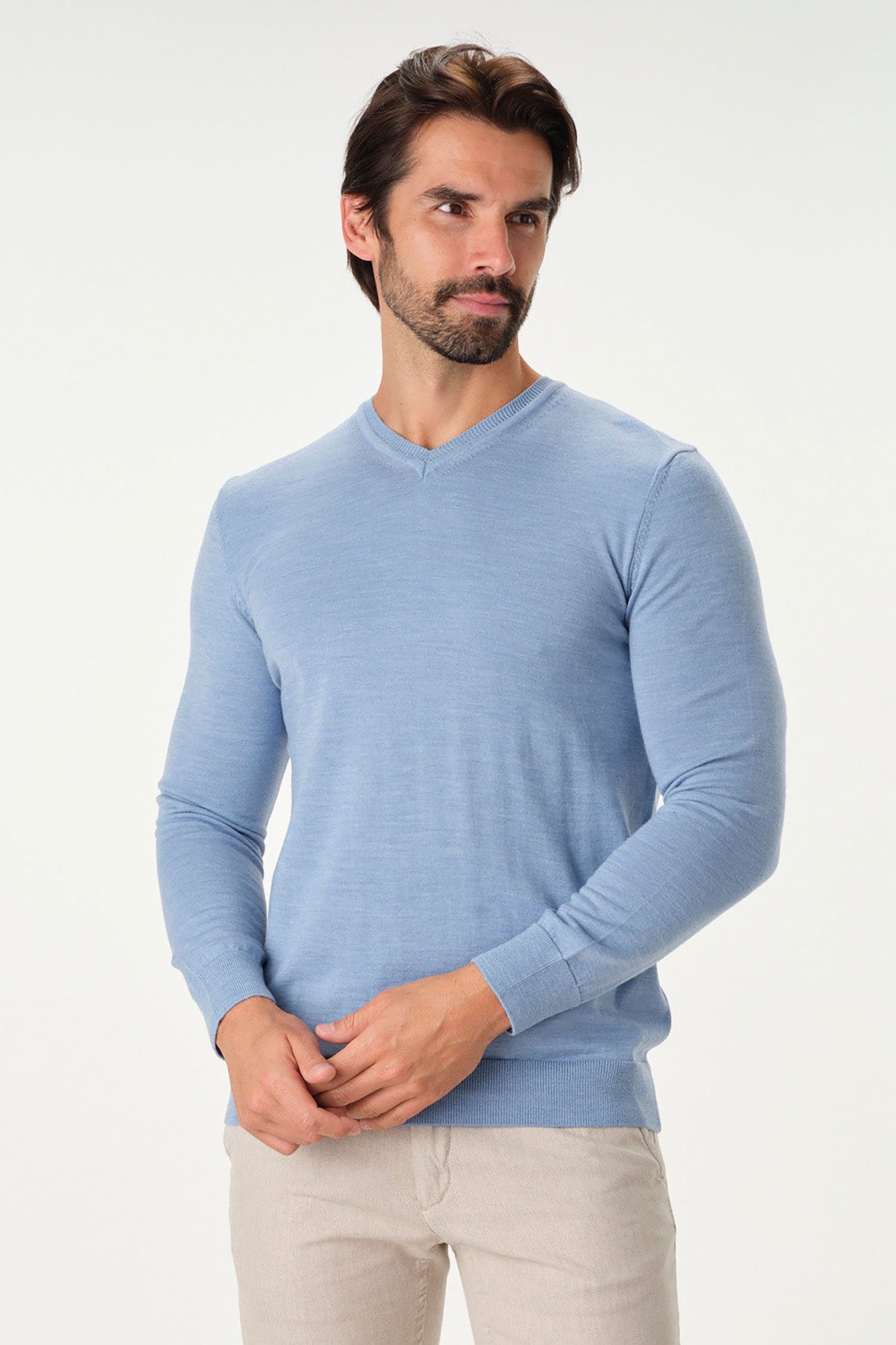 Garnet Men's Merino Wool Solid V-Neck Long Sleeve Sweater BTK 7005 Blue