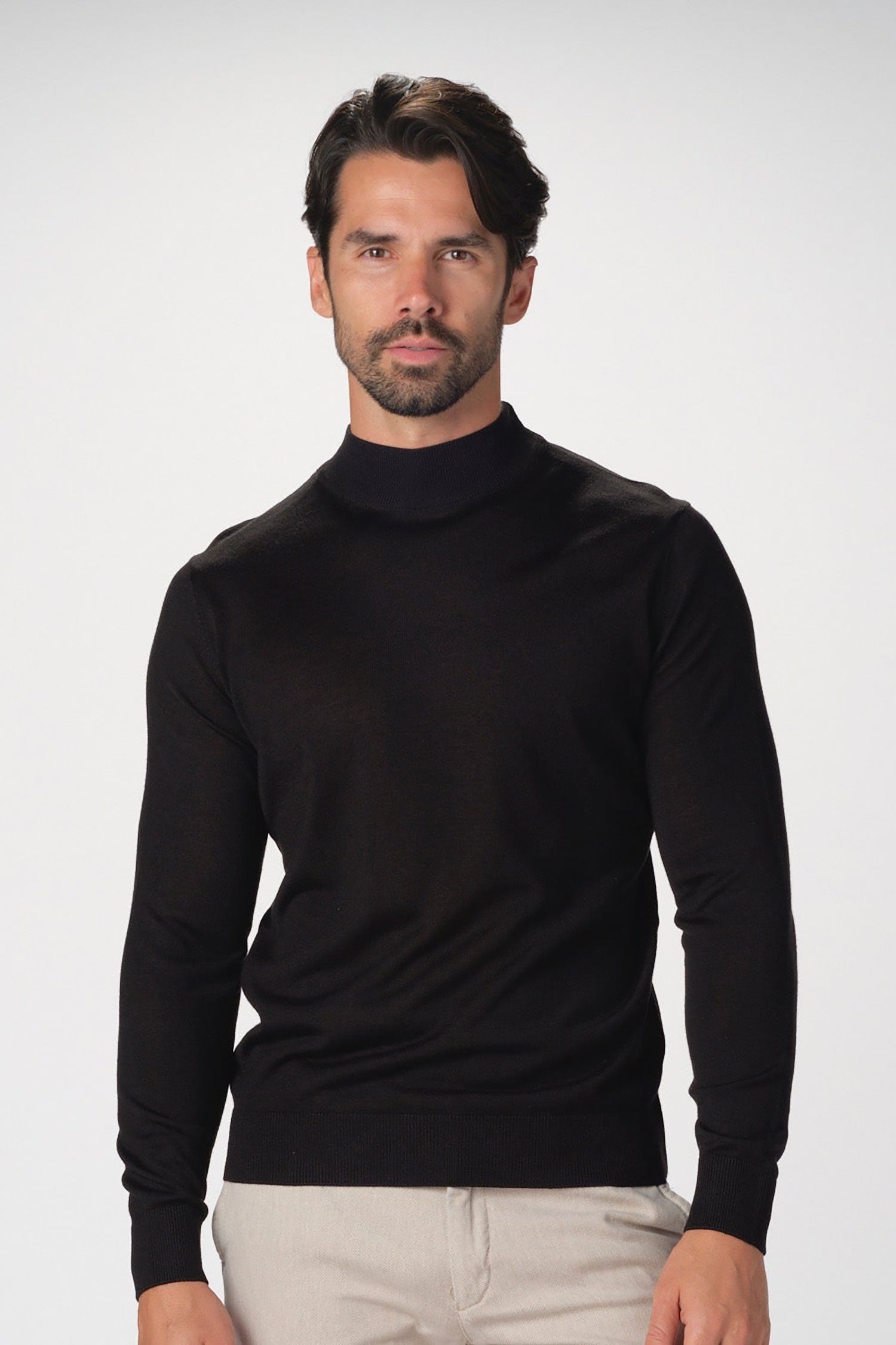 Garnet Men's Merino Wool Solid Mock Neck Long Sleeve Sweater BTK 7004 Black