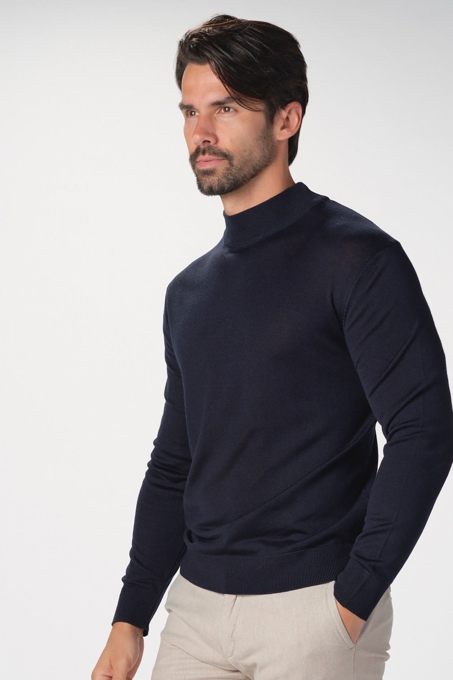Garnet Men's Merino Wool Solid Mock Neck Long Sleeve Sweater BTK 7004 Navy