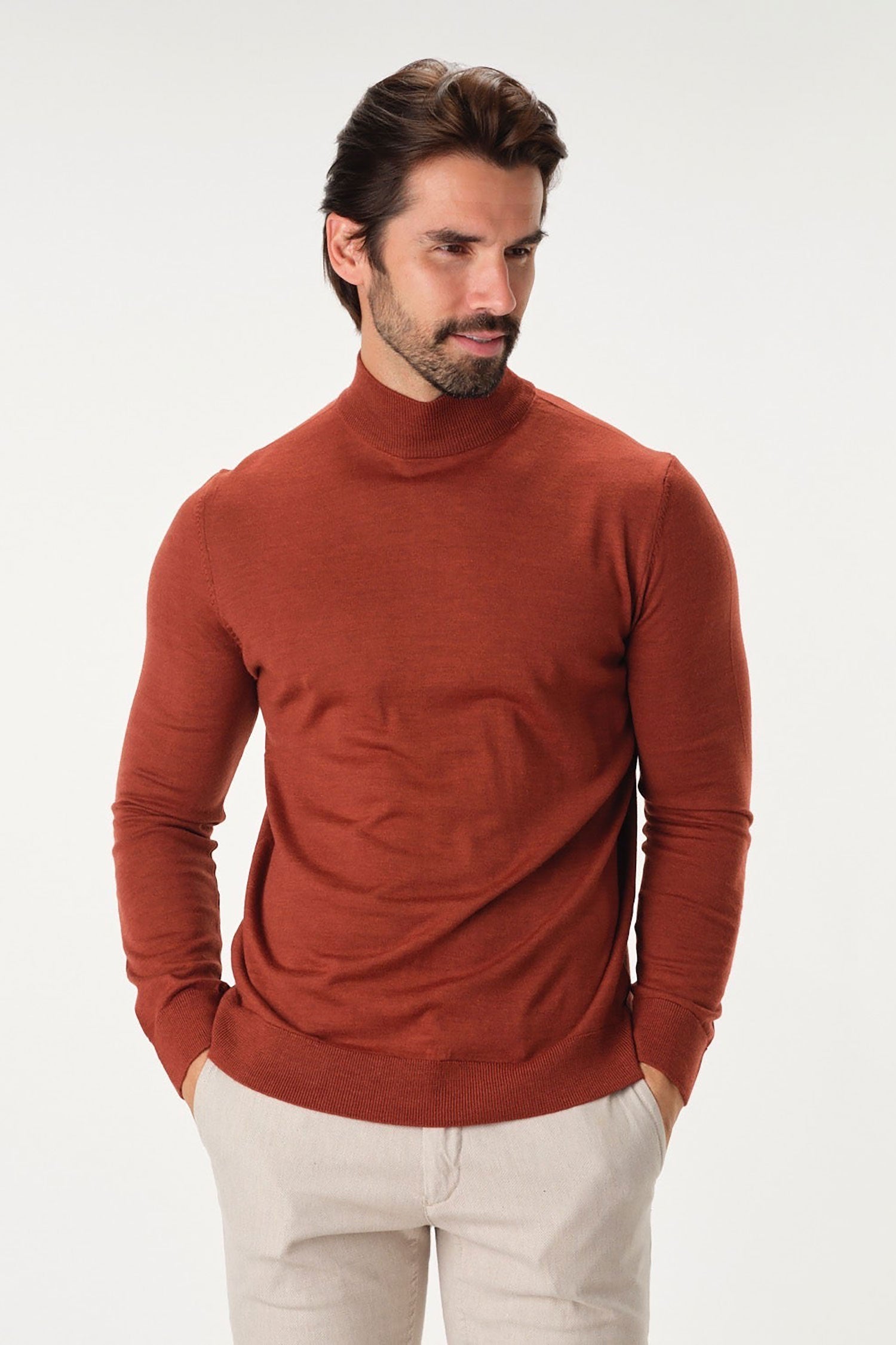 Garnet Men's Merino Wool Solid Mock Neck Long Sleeve Sweater BTK 7004 Rust