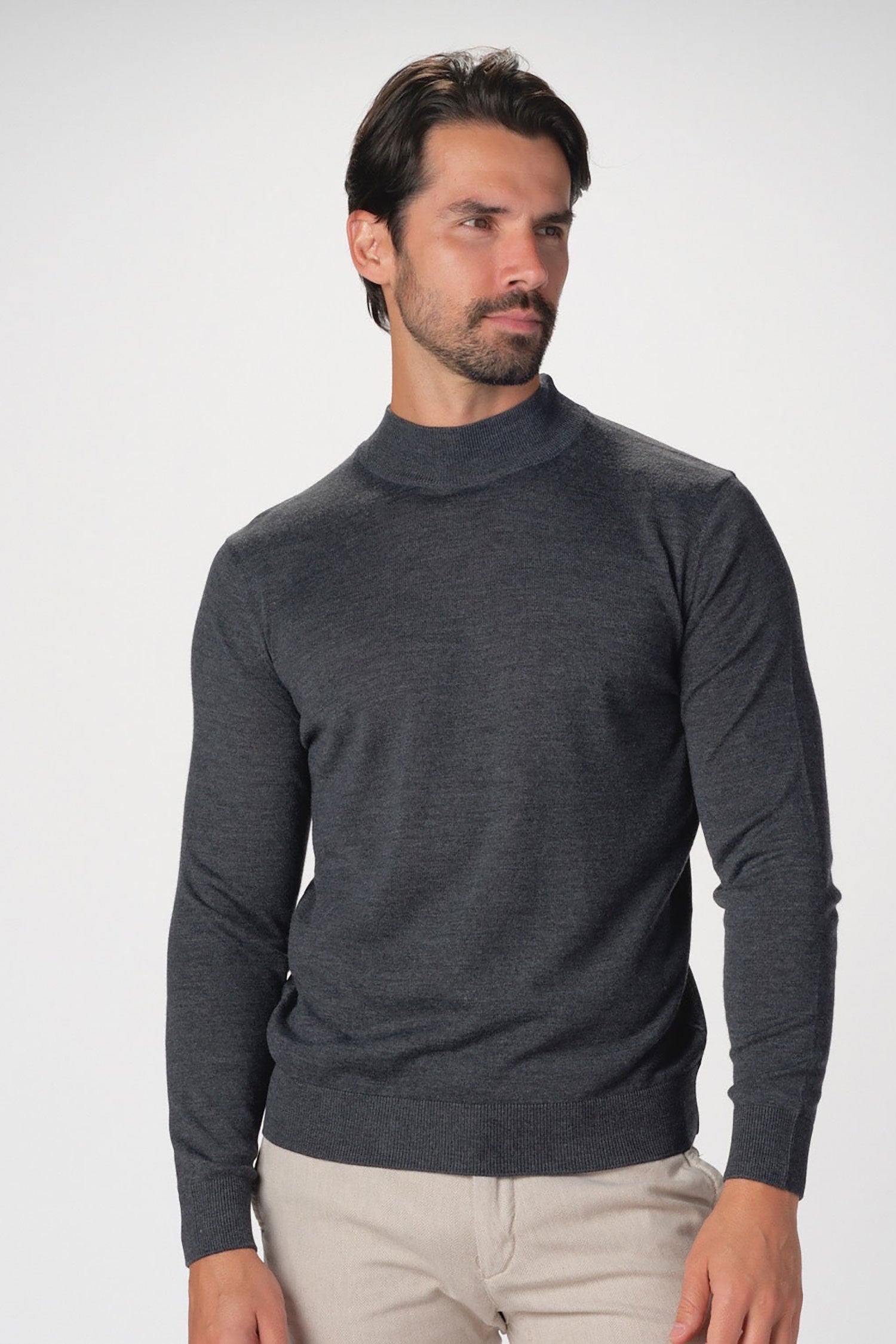 Garnet Men's Merino Wool Solid Mock Neck Long Sleeve Sweater BTK 7004 Grey